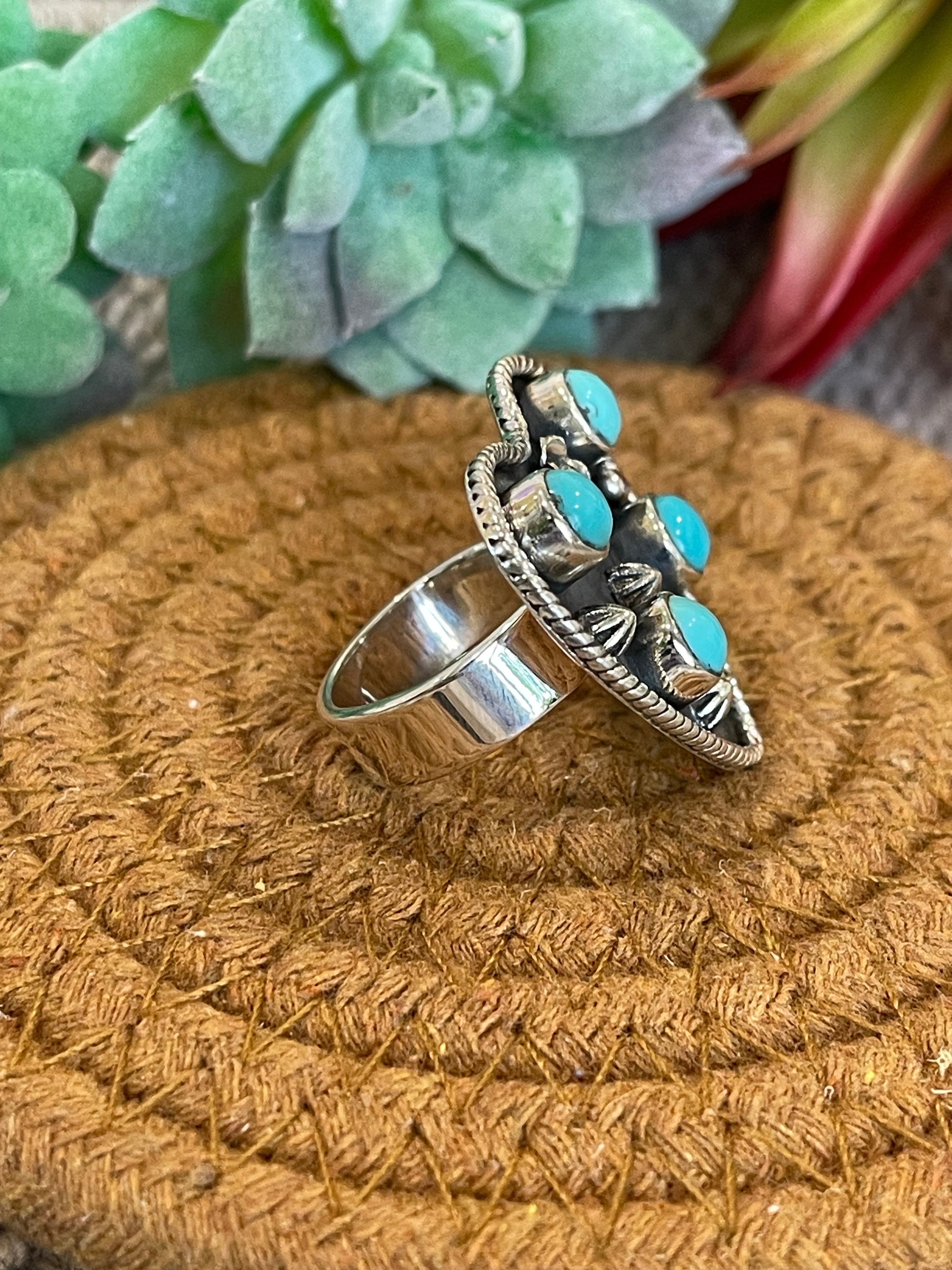 Southwest Handmade Kingman Turquoise & Sterling Silver Adjustable Heart Ring