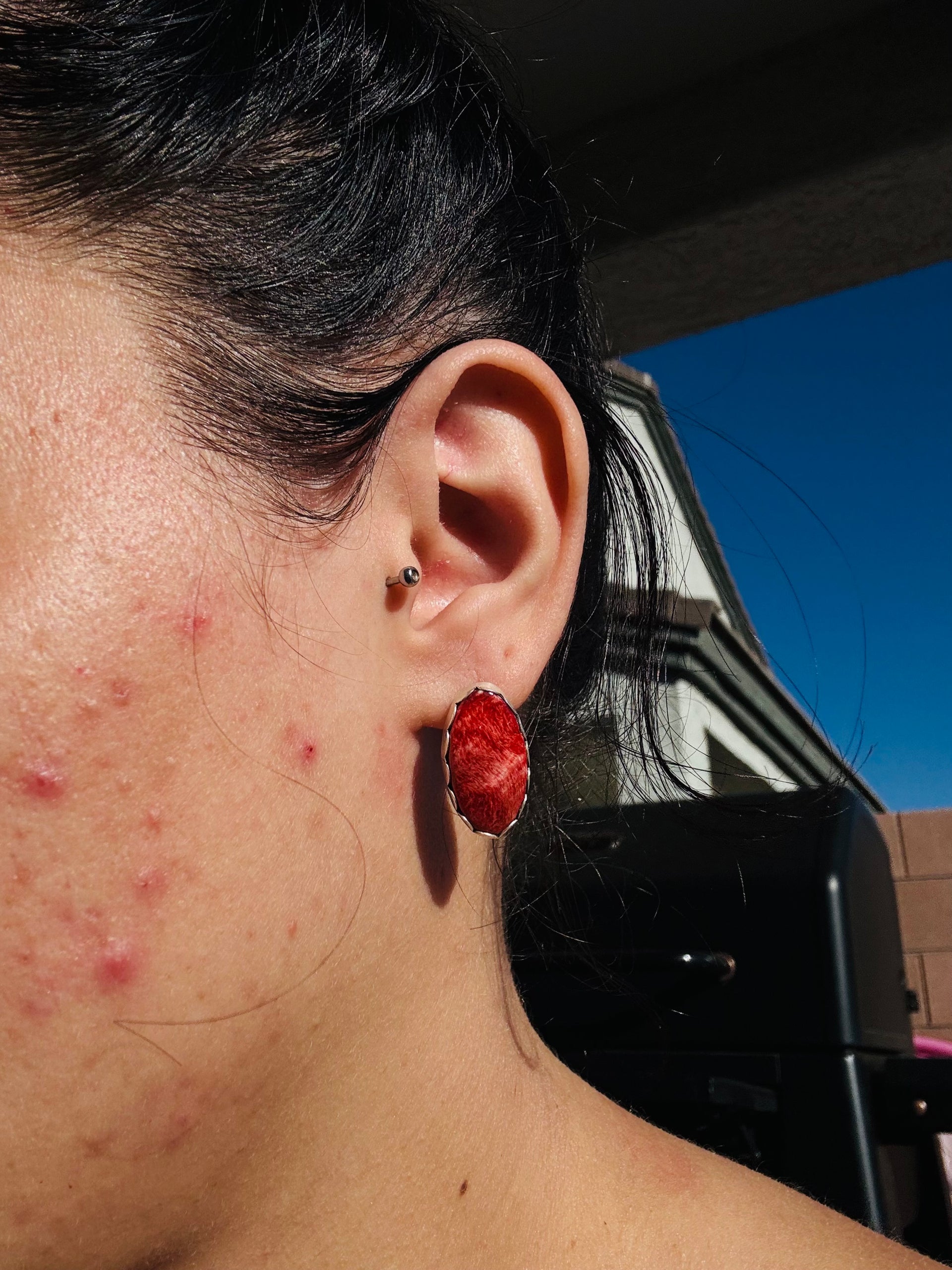 Navajo Made Spiny Oyster & Sterling Silver Post Earrings