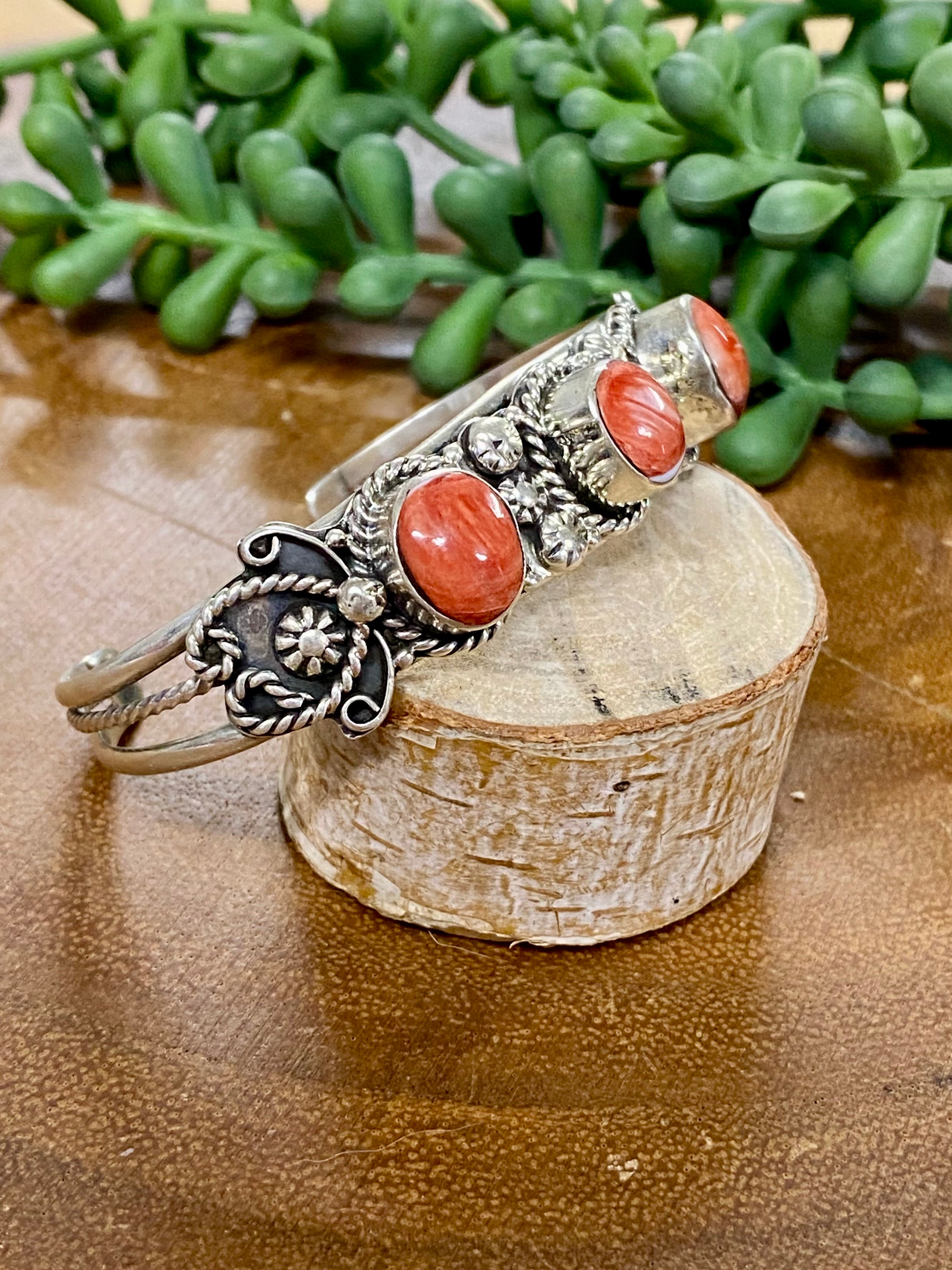 Navajo Made Red Spiny Oyster & Sterling Silver Cuff Bracelet