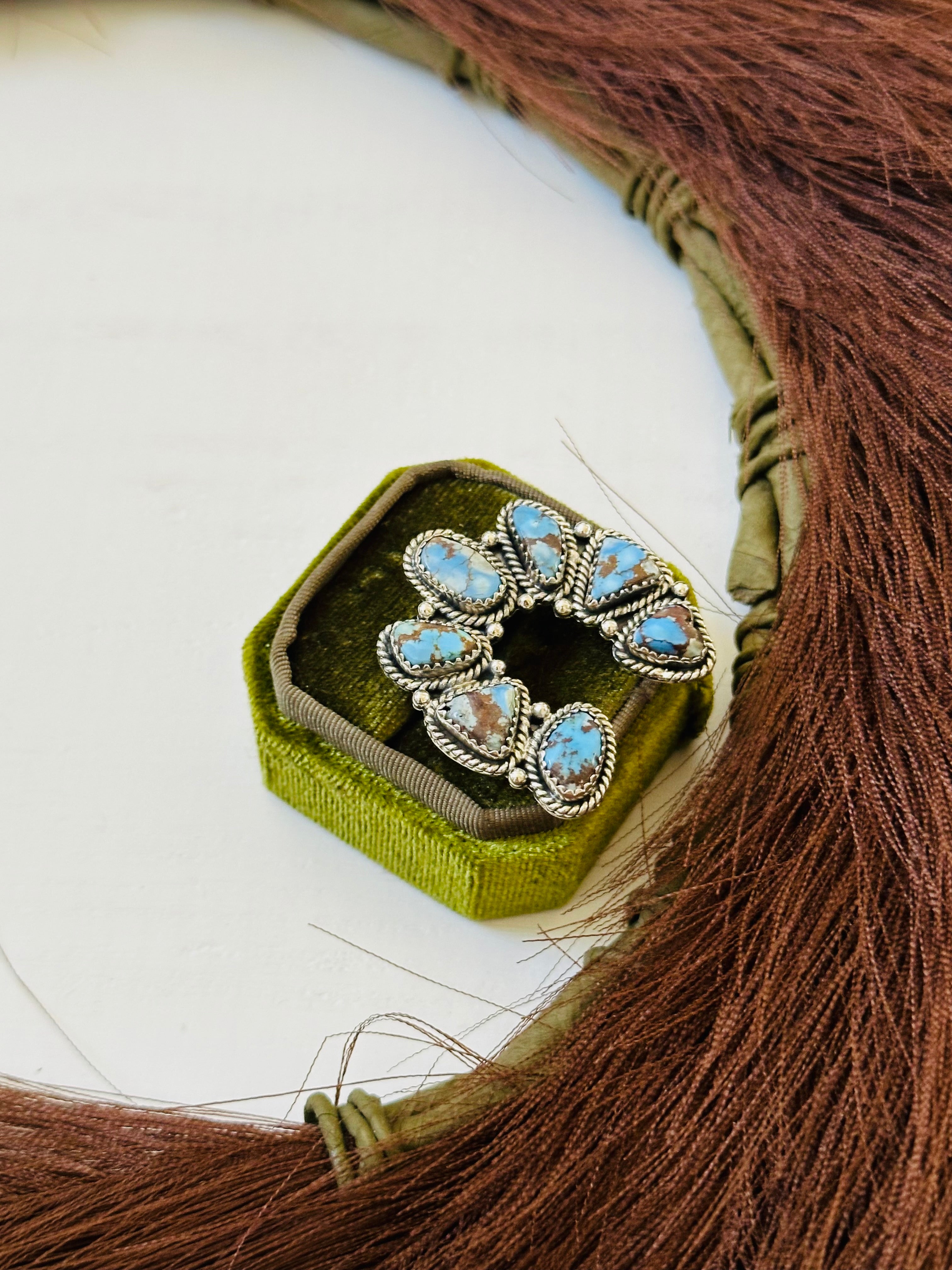 TTD “Prosperous” Golden Hills Turquoise & Sterling Silver Adjustable Cluster Naja Ring