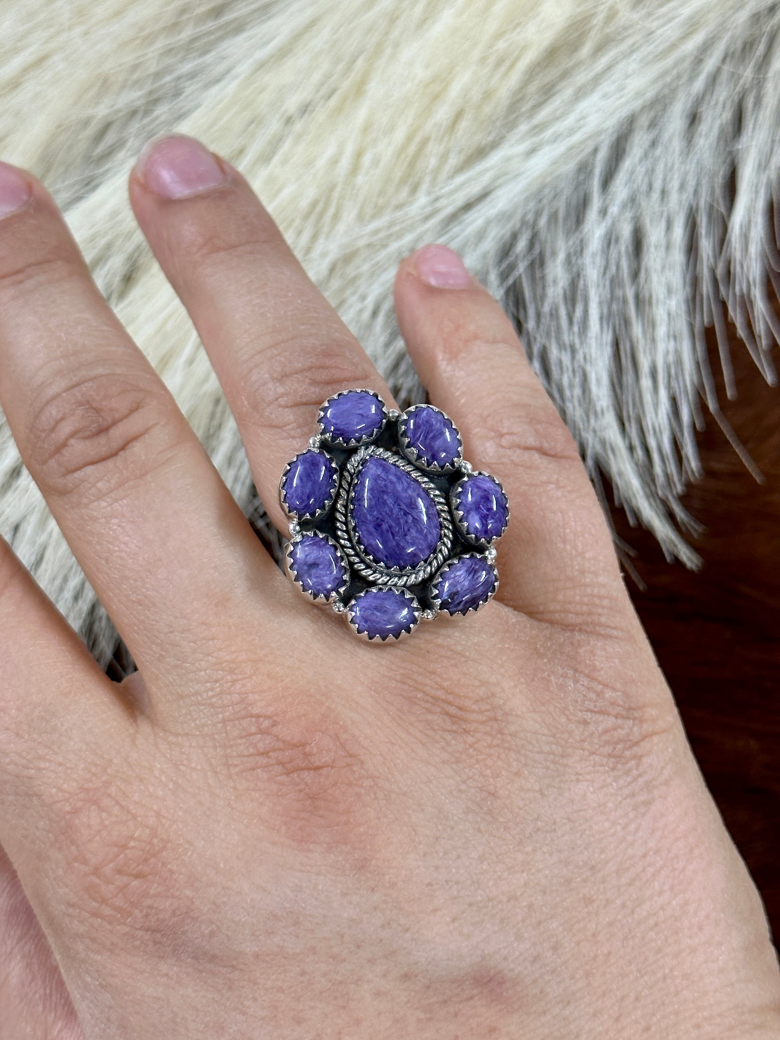 Southwest Handmade Charoite & Sterling Silver Adjustable Cluster Ring