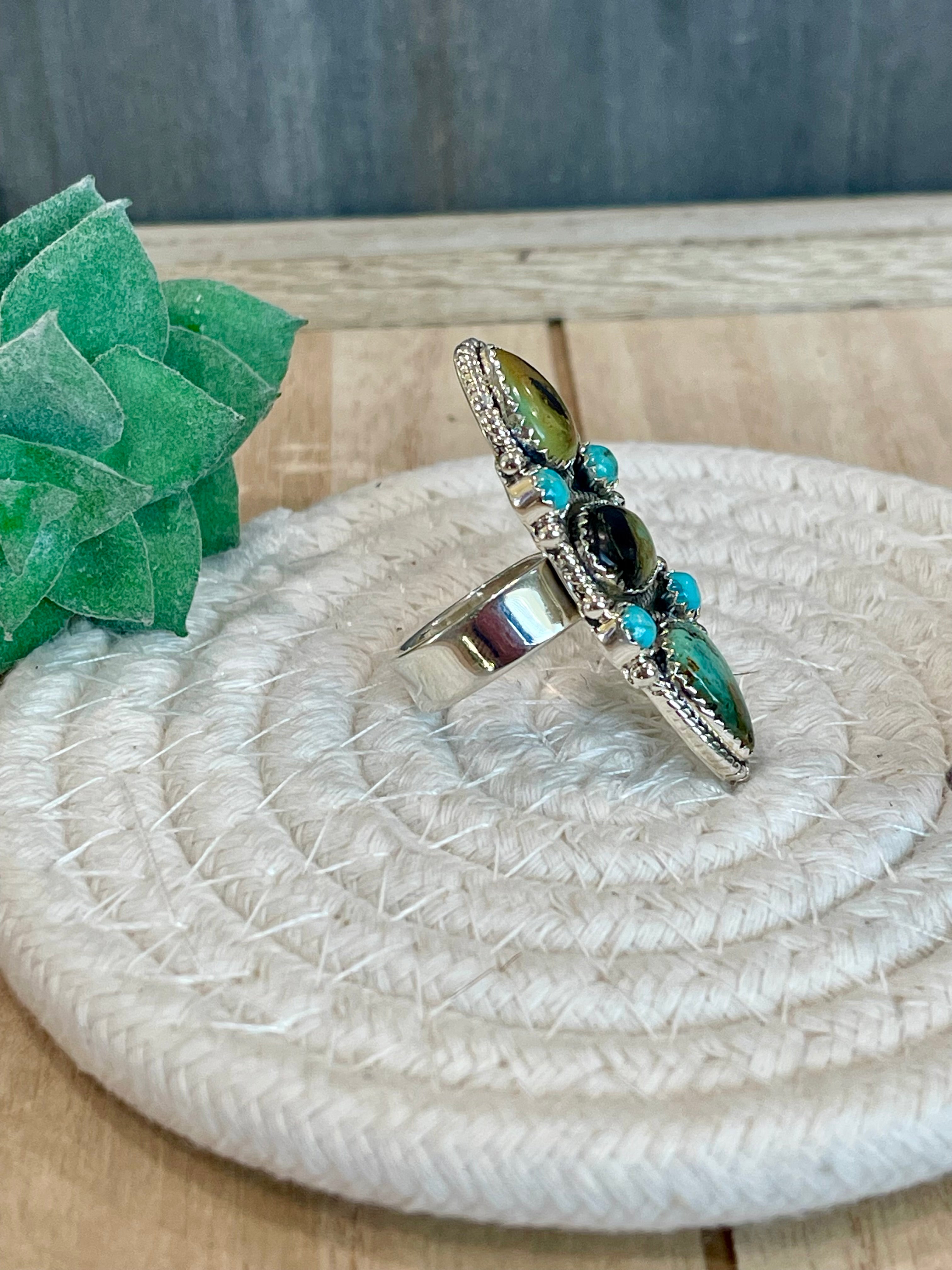 Southwest Handmade BlackJack Turquoise And Kingman Turquoise & Sterling Silver Adjustable Ring