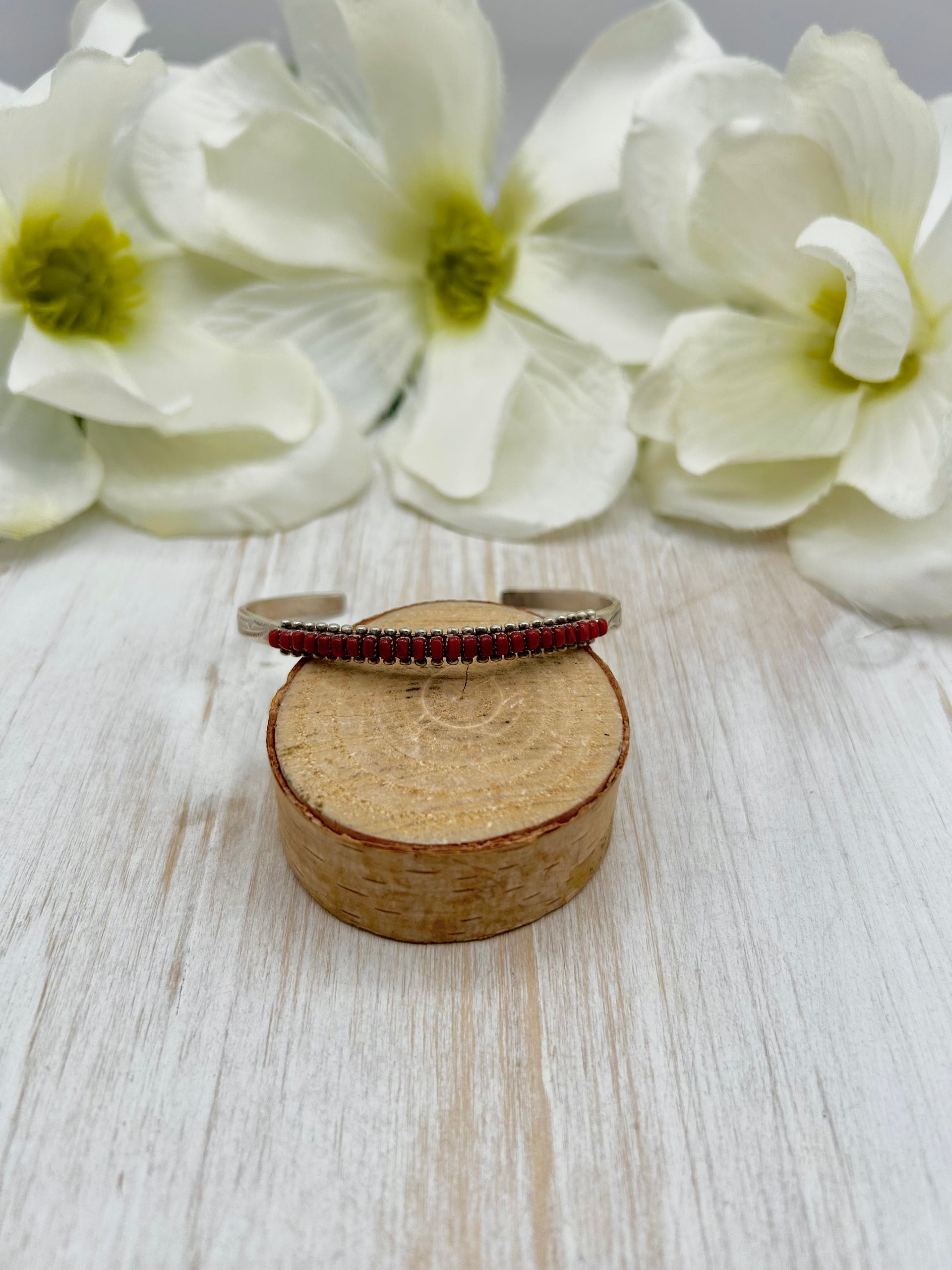 Navajo Made Red Coral & Sterling Silver Cuff Bracelet