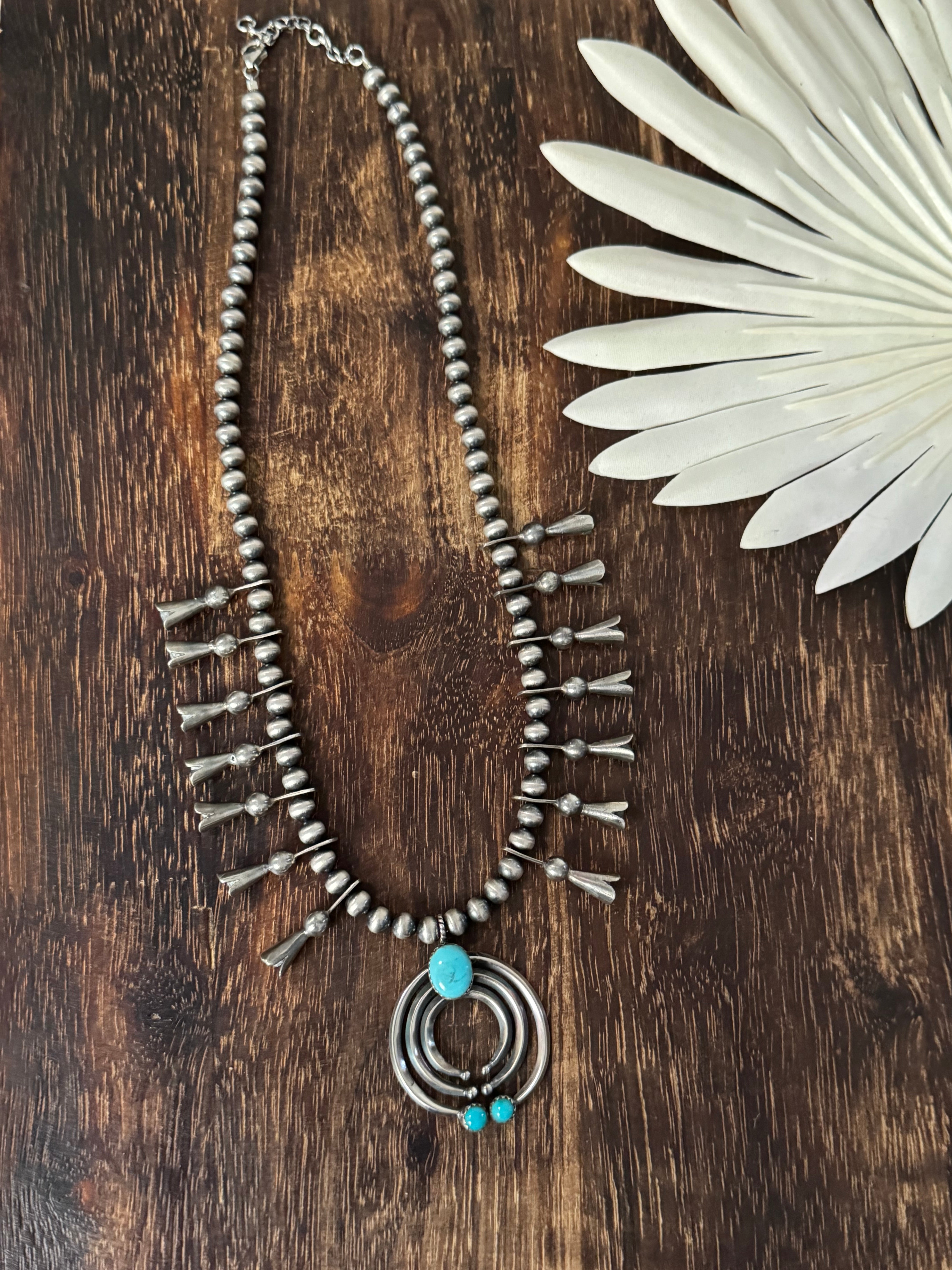 Southwest Handmade Kingman Turquoise & Sterling Silver Squash Blossom Necklace