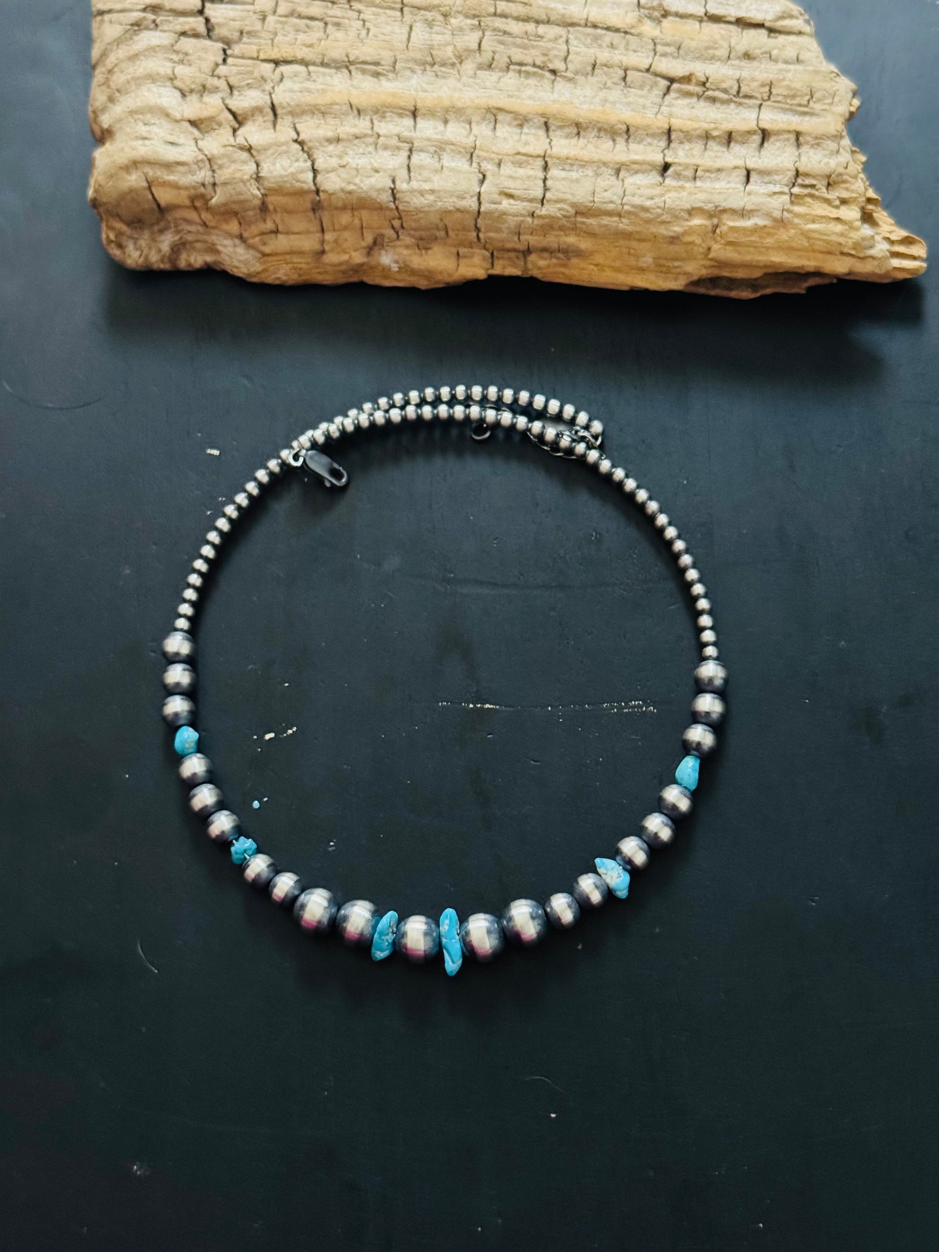 Navajo Strung Kingman Turquoise & Graduated Sterling Silver Pearls Beaded Memory Wire Necklace