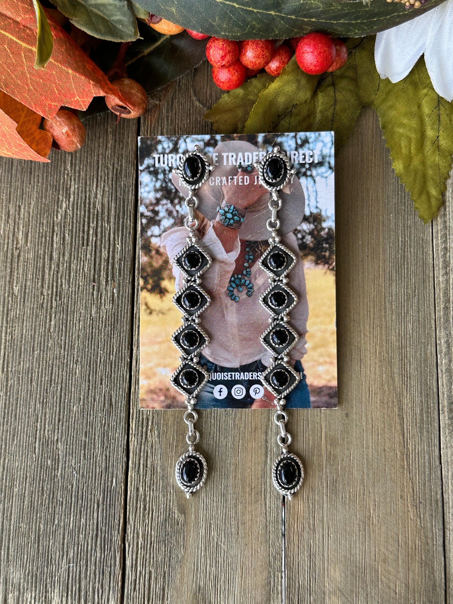 Southwest Handmade Onyx  & Sterling Silver Post Dangle Cluster Earrings