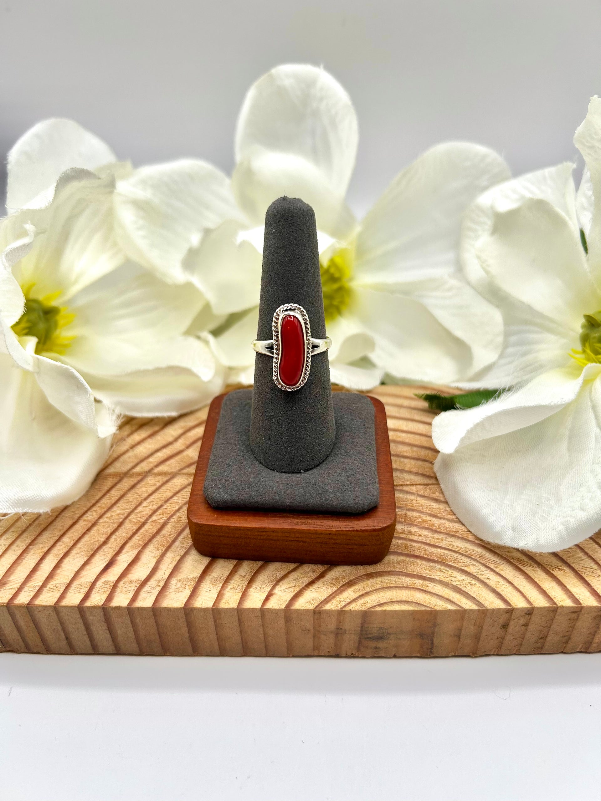 Navajo Made Mediterranean Coral & Sterling Silver Ring Size 8