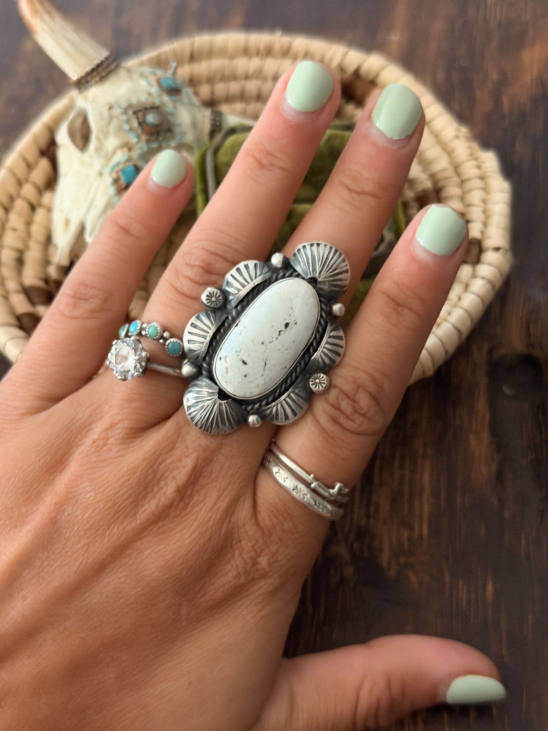 Navajo Made White Buffalo & Sterling Silver Adjustable Ring