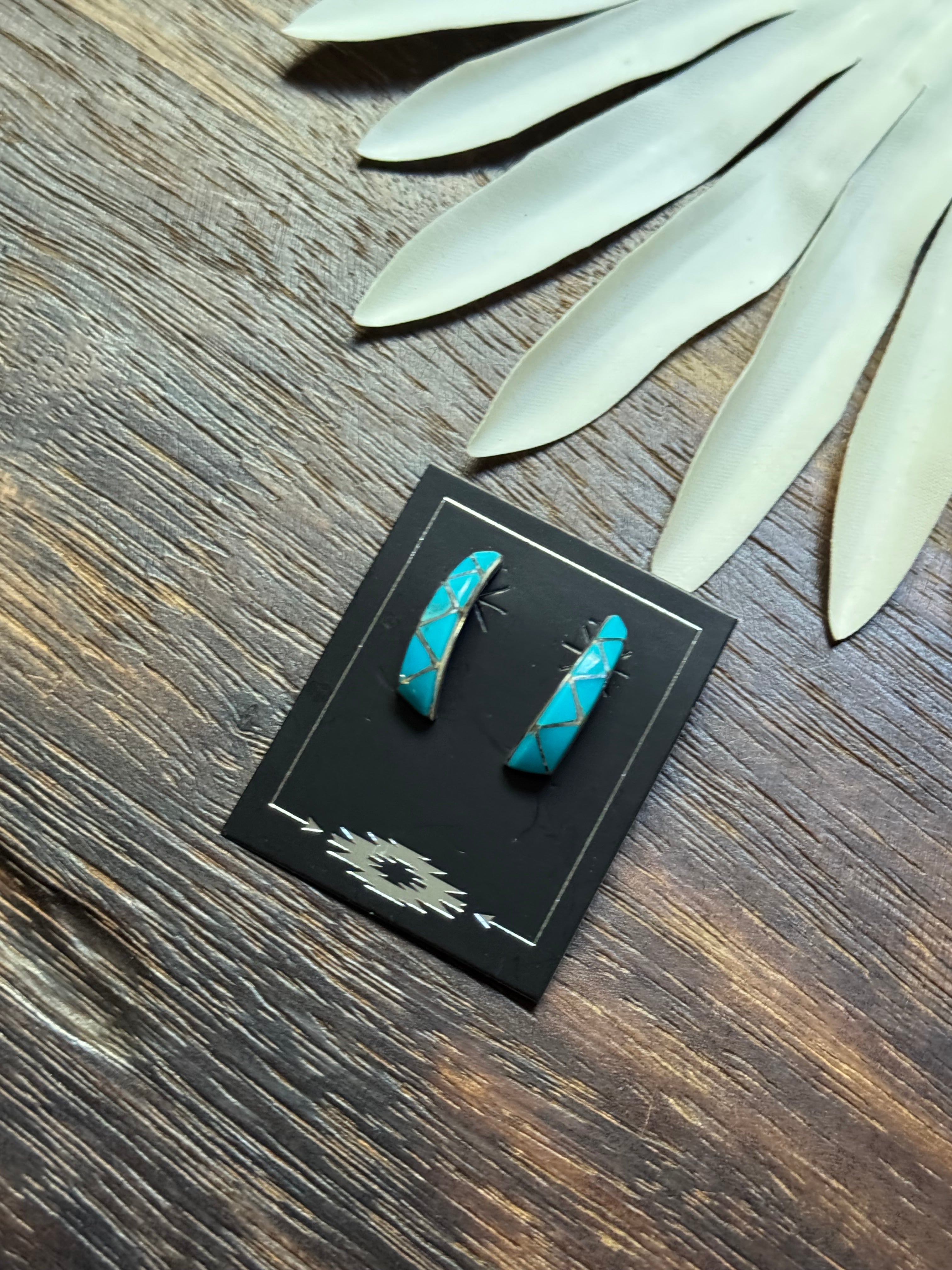 Zuni Made Turquoise & Sterling Silver Inlay Post Dangle Earrings