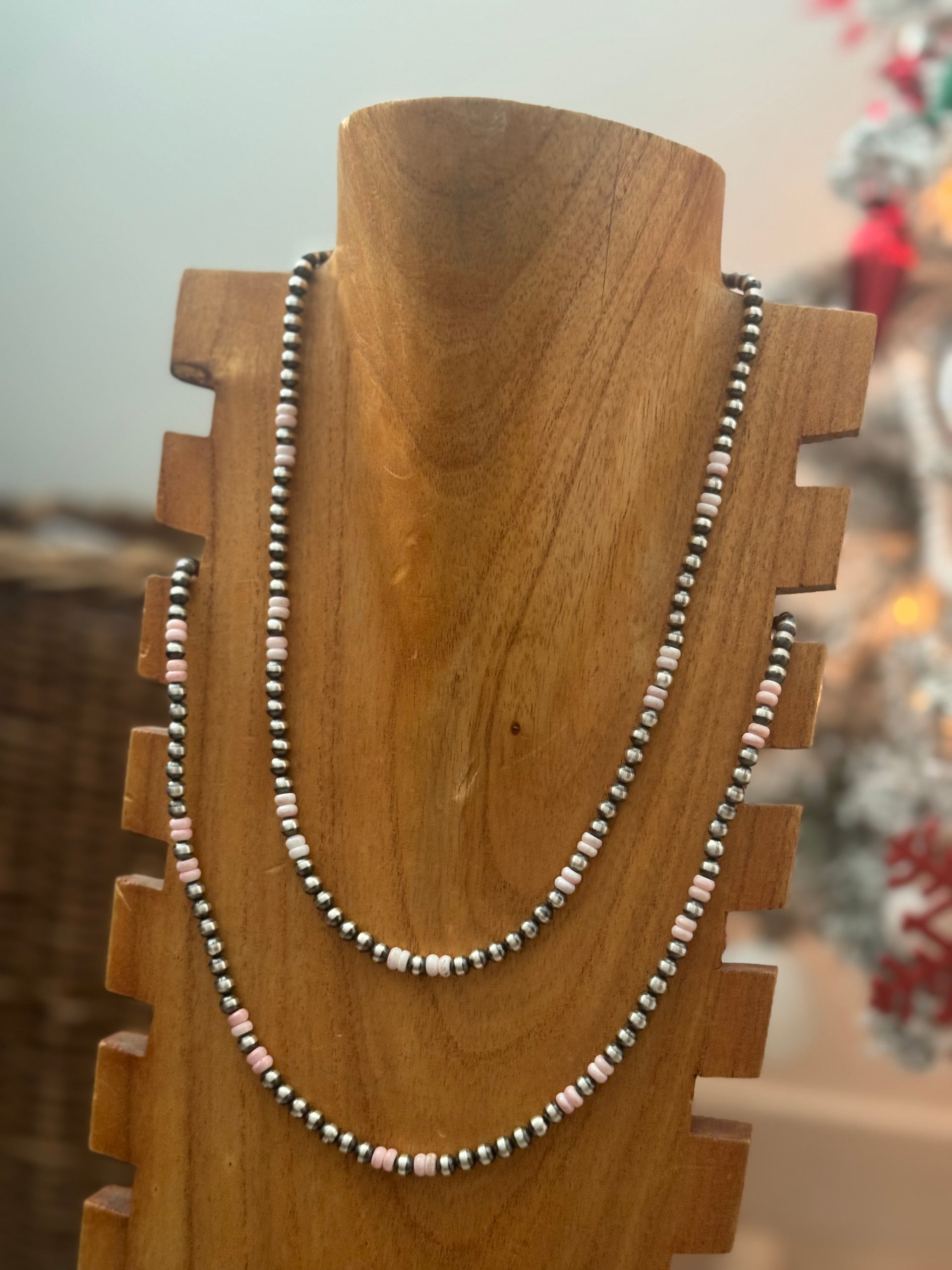 Navajo Strung Pink Conch & Sterling Silver Pearl Necklace