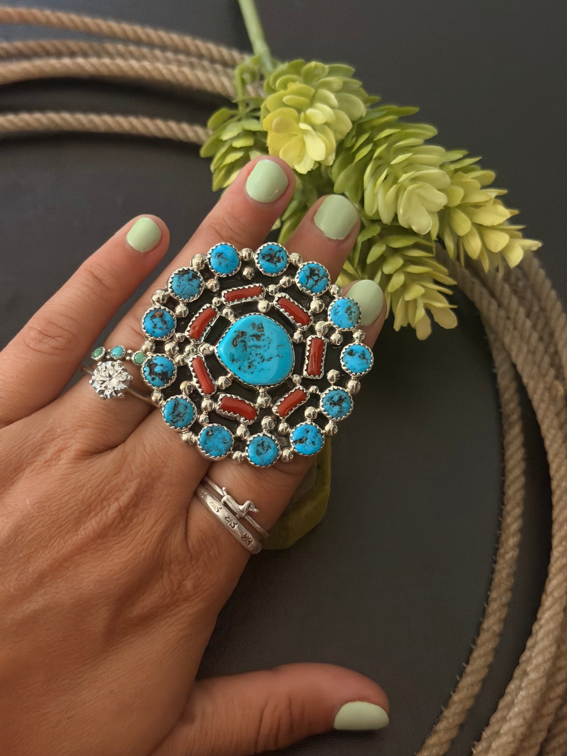 Navajo Made Multi Stone & Sterling Silver Cluster Adjustable Ring