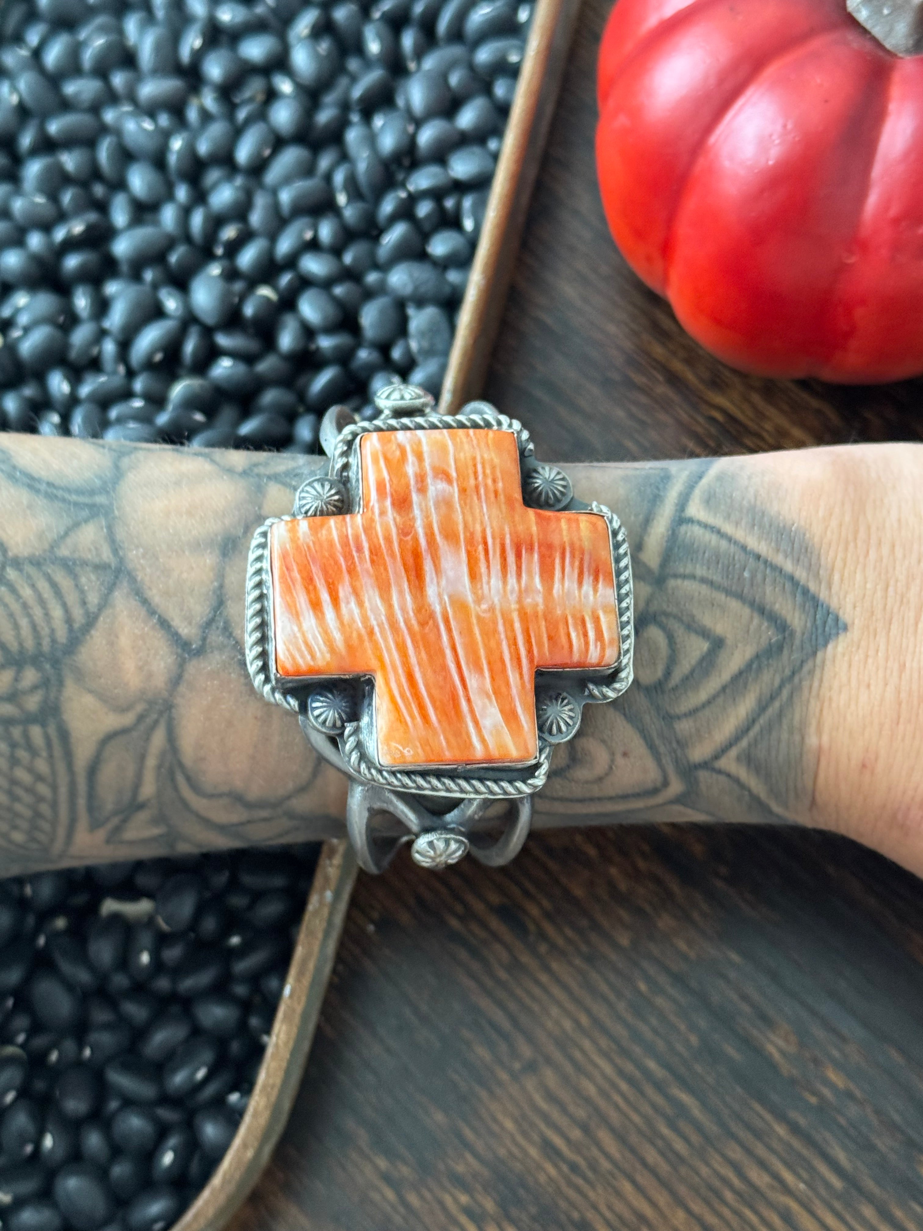 Navajo Made Spiny Oyster & Sterling Silver Cuff Bracelet