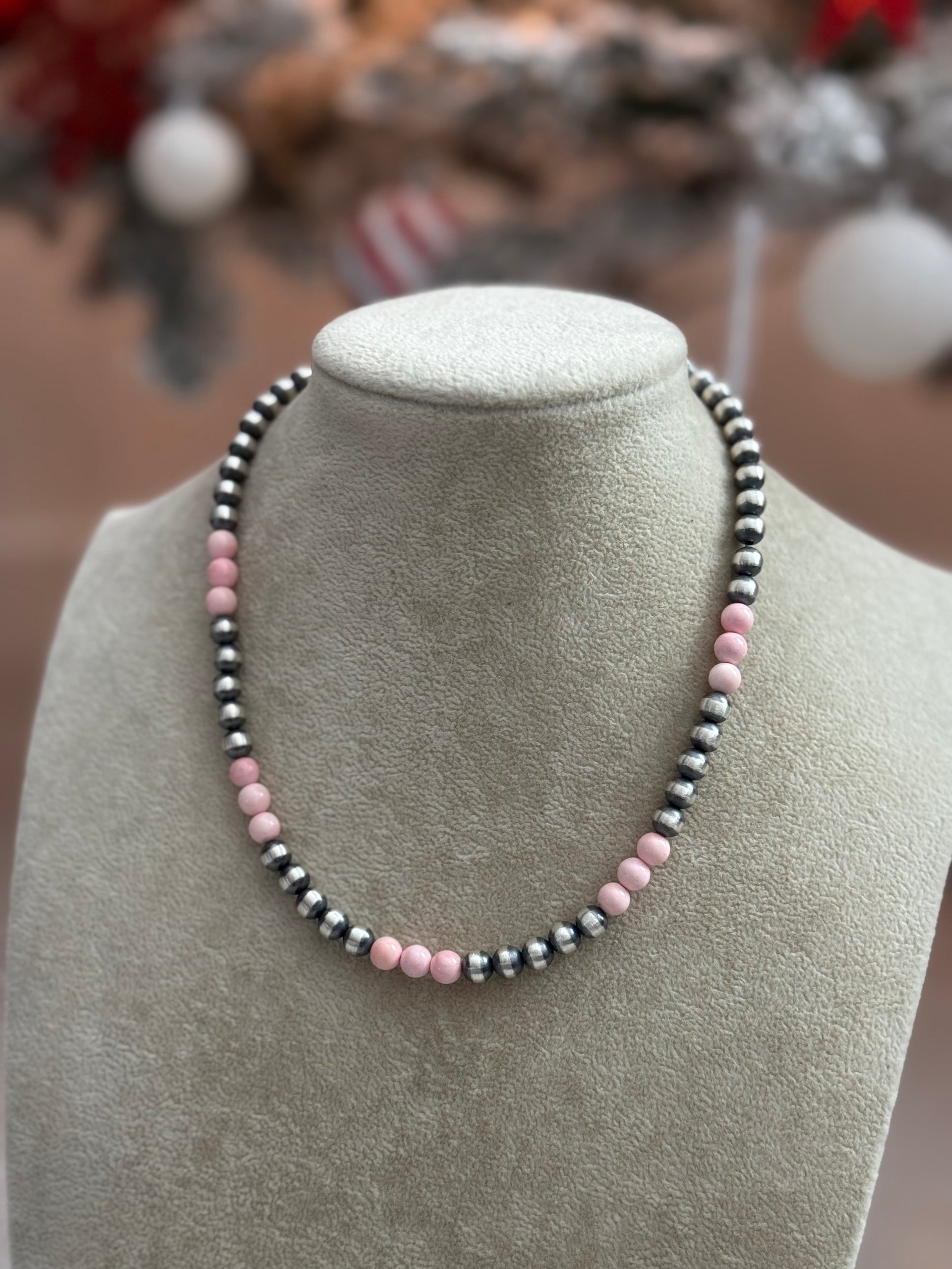 Navajo Strung Pink Conch & Sterling Silver Pearl Necklace