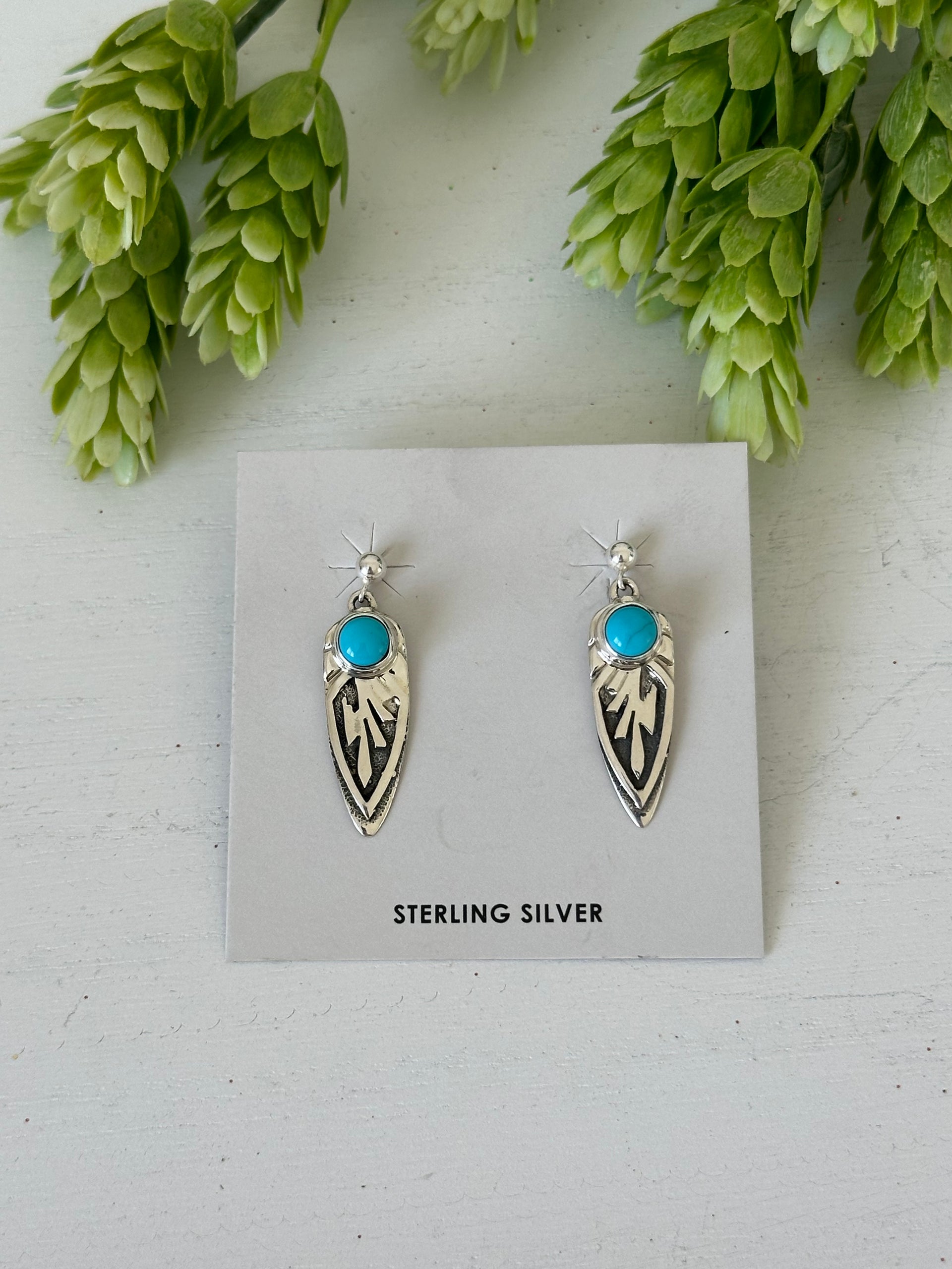 Navajo Made Sleeping Beauty Turquoise & Sterling Silver Post Dangle Earrings