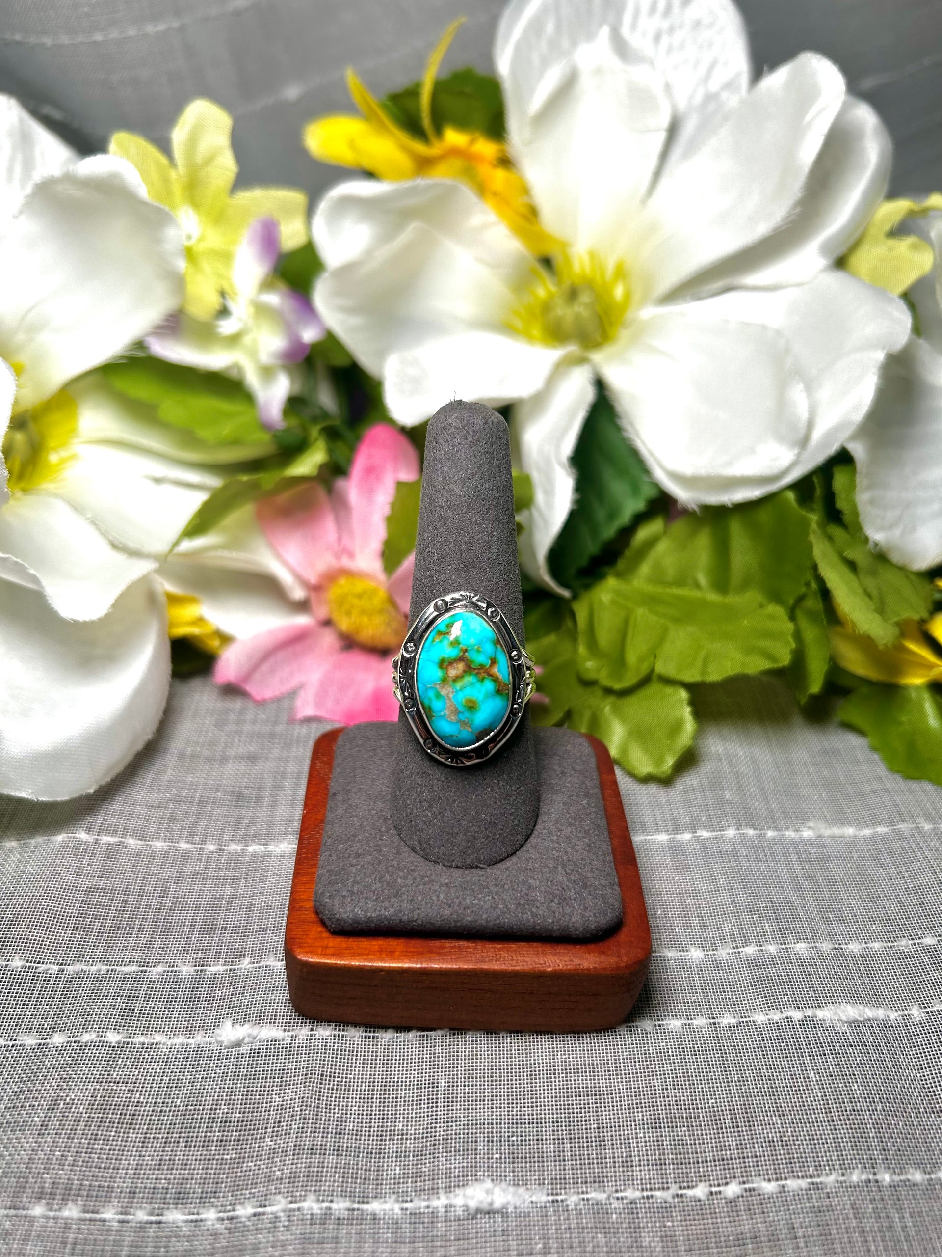 Navajo Made Natural Sonoran Mountain Turquoise & Sterling Silver Ring Size 9.75