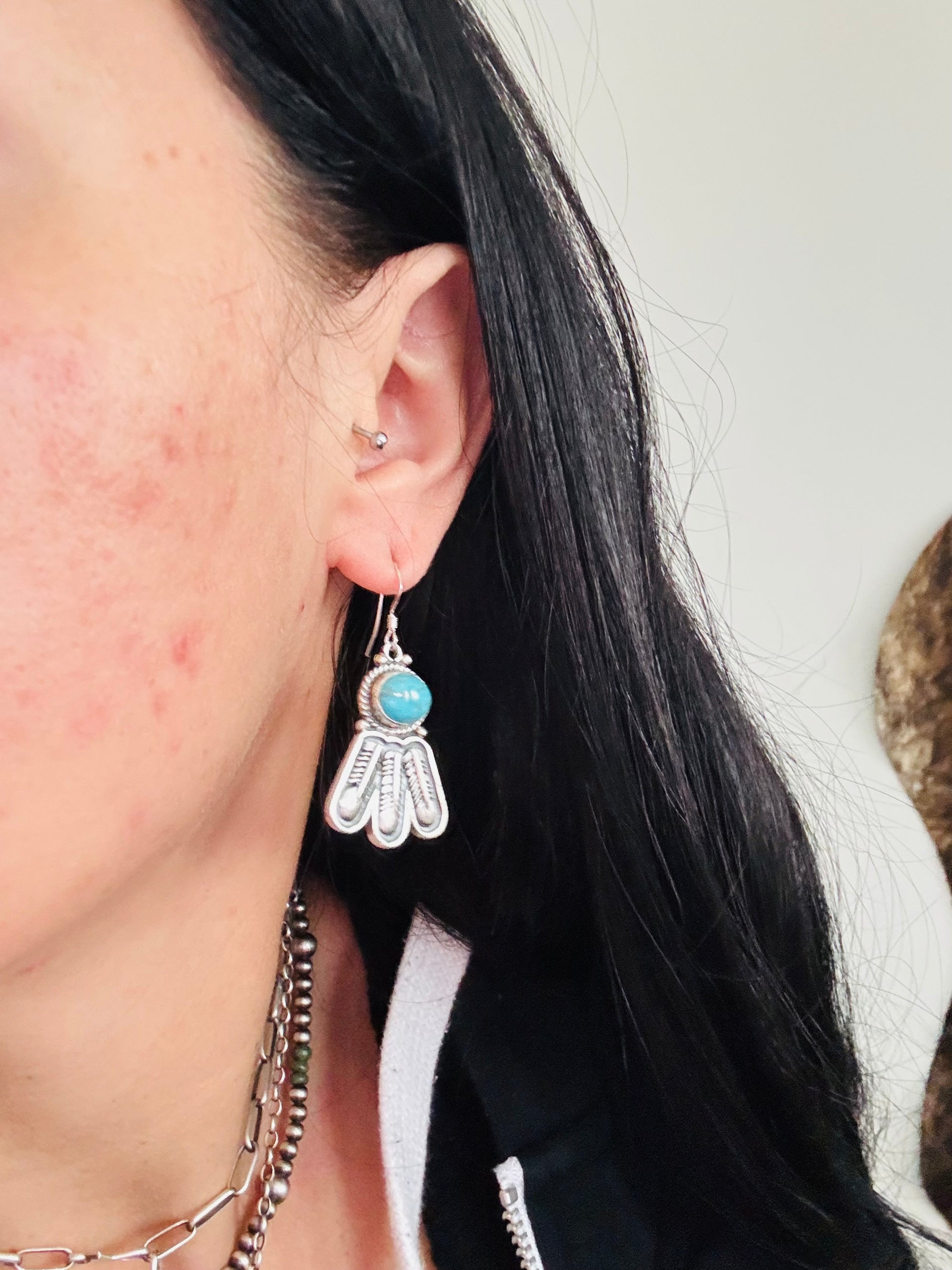 Sharon Mccarthy Kingman Turquoise & Sterling Silver Dangle Feather Earrings