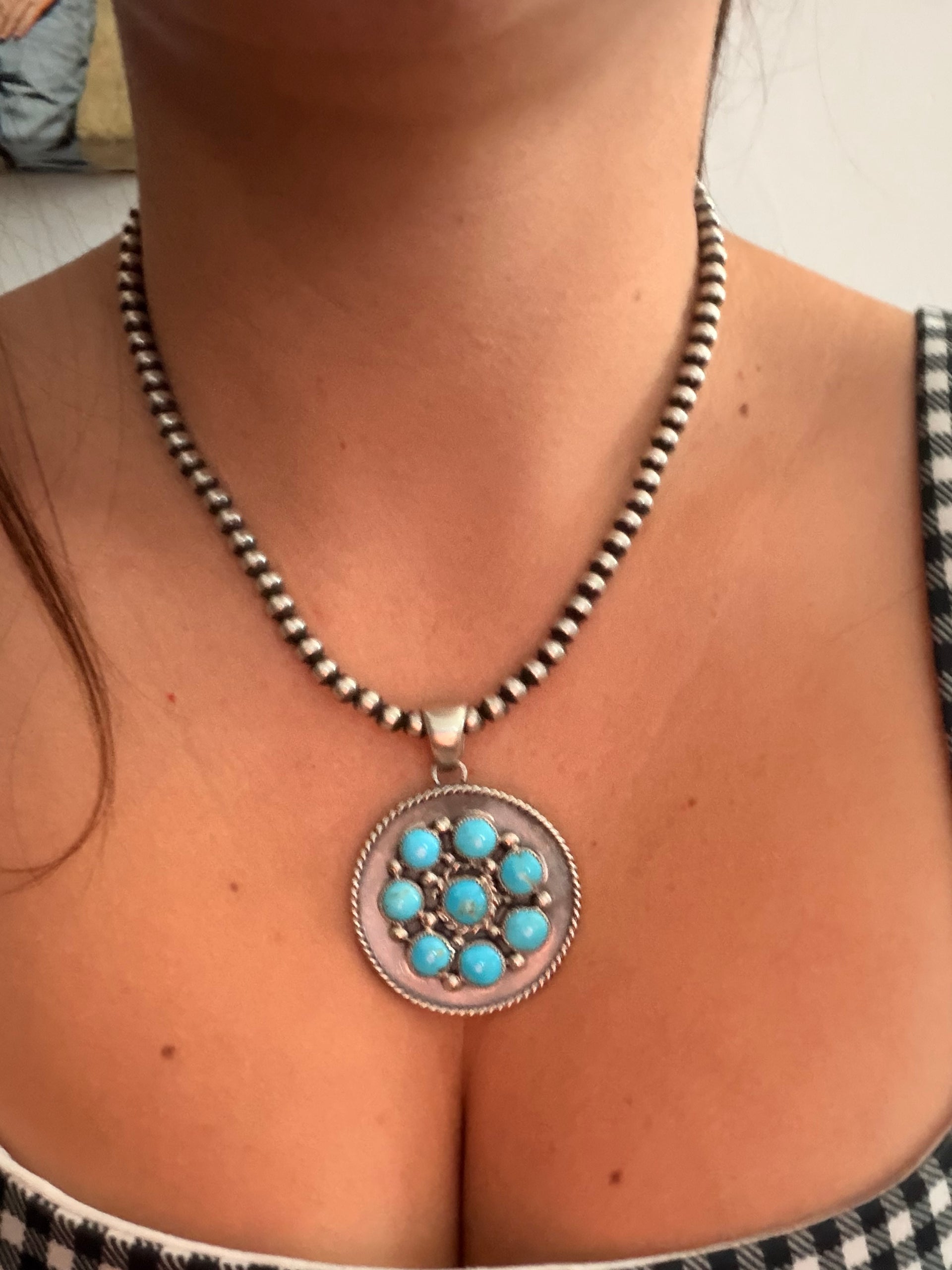 Navajo Made Kingman Turquoise & Sterling Silver Cluster Pendant