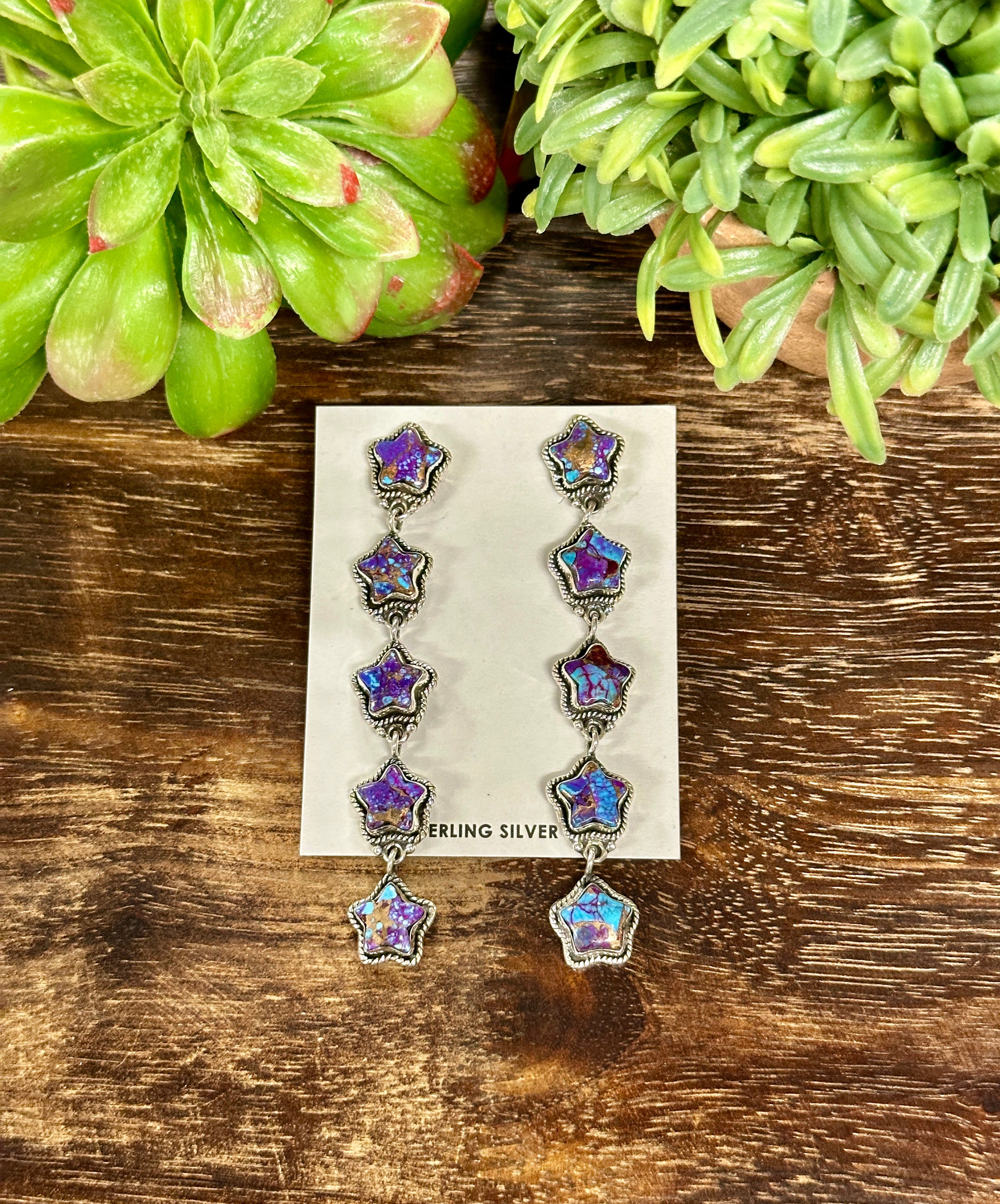 Southwest Handmade Purple Mohave Turquoise & Sterling Silver Star Post Dangle Earrings