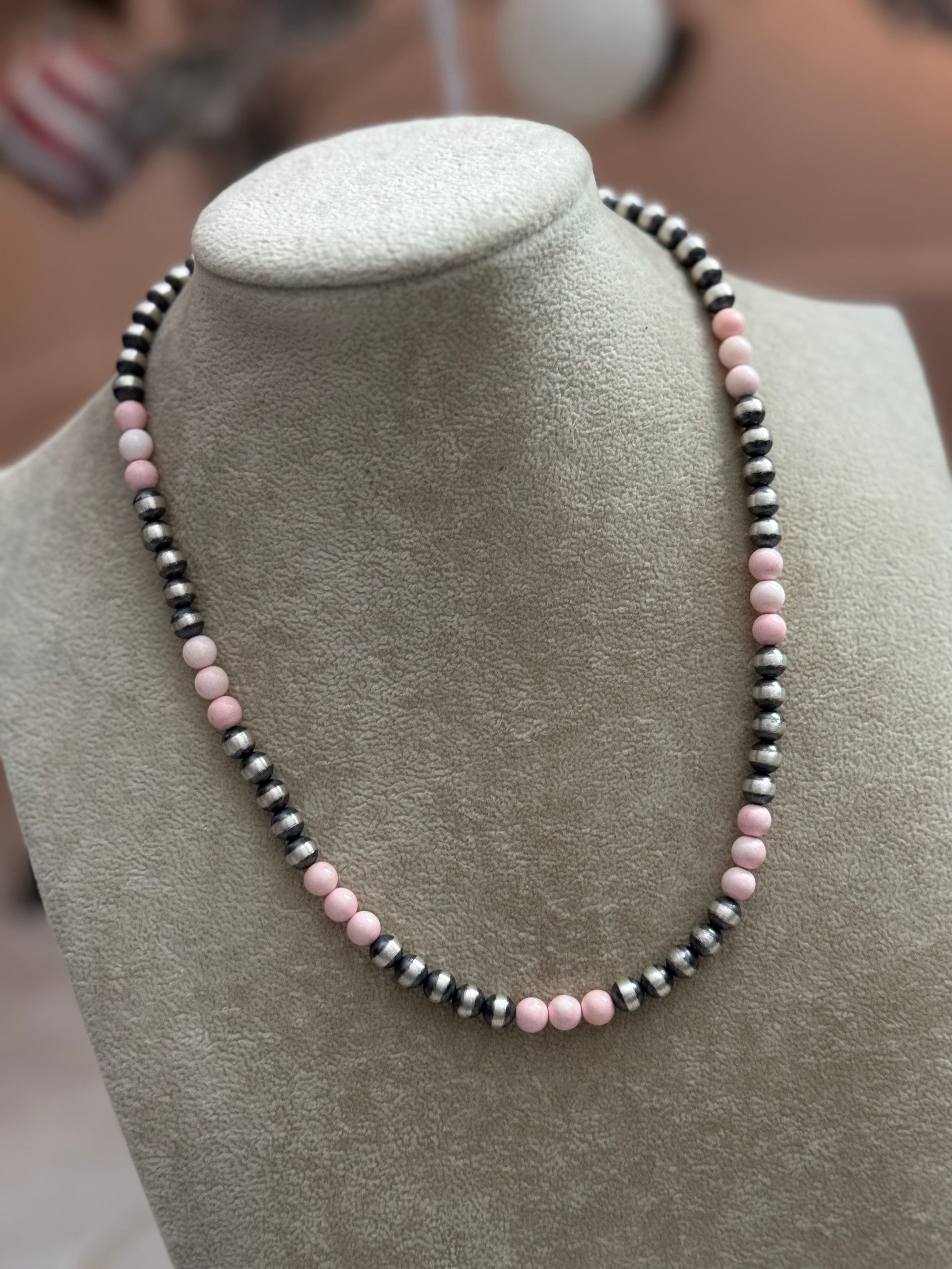 Navajo Strung Pink Conch & Sterling Silver Pearl Necklace