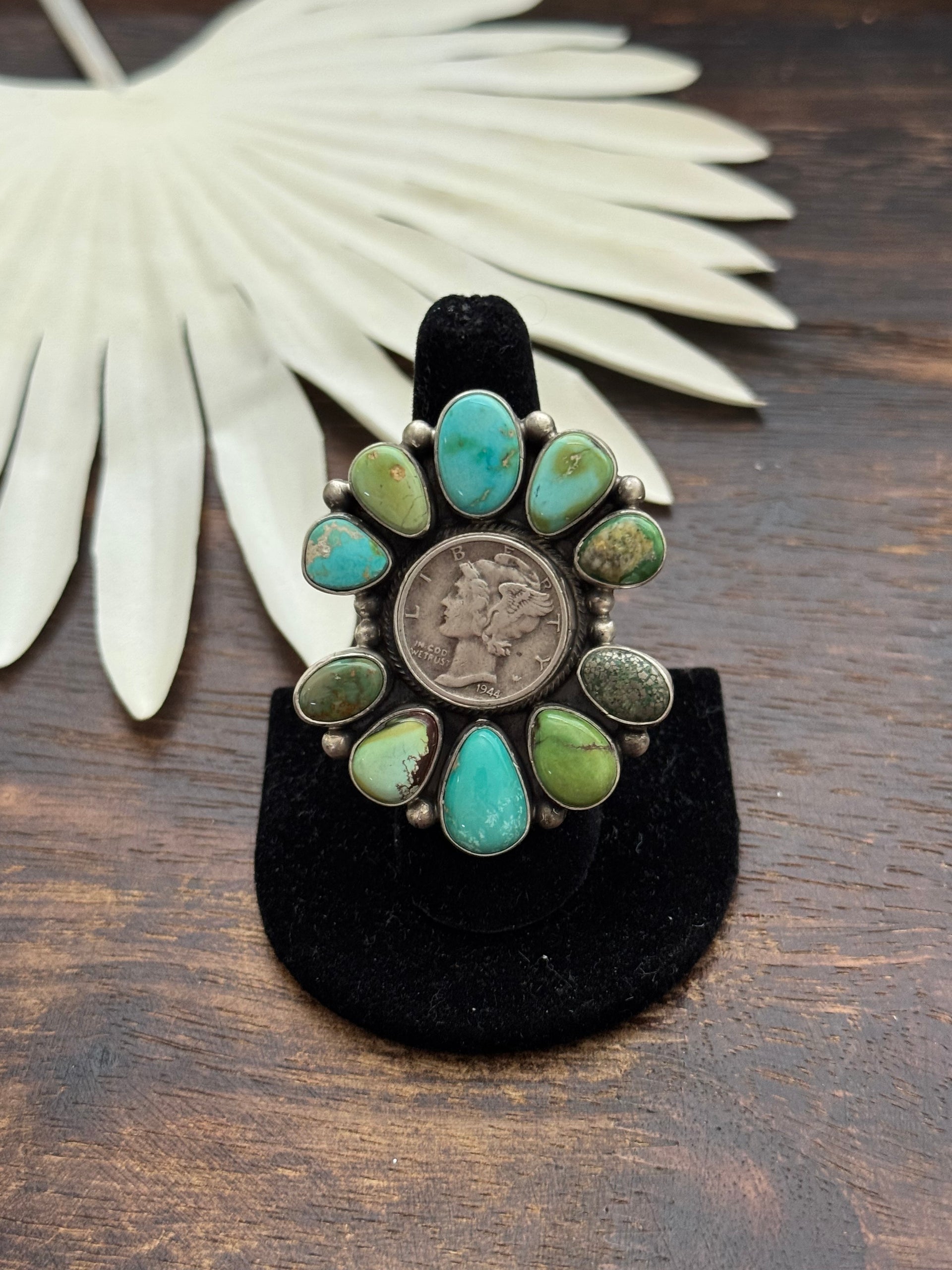 Dave Skeets Multi Stone & Sterling Silver Cluster Liberty Coin Ring Size 8.5