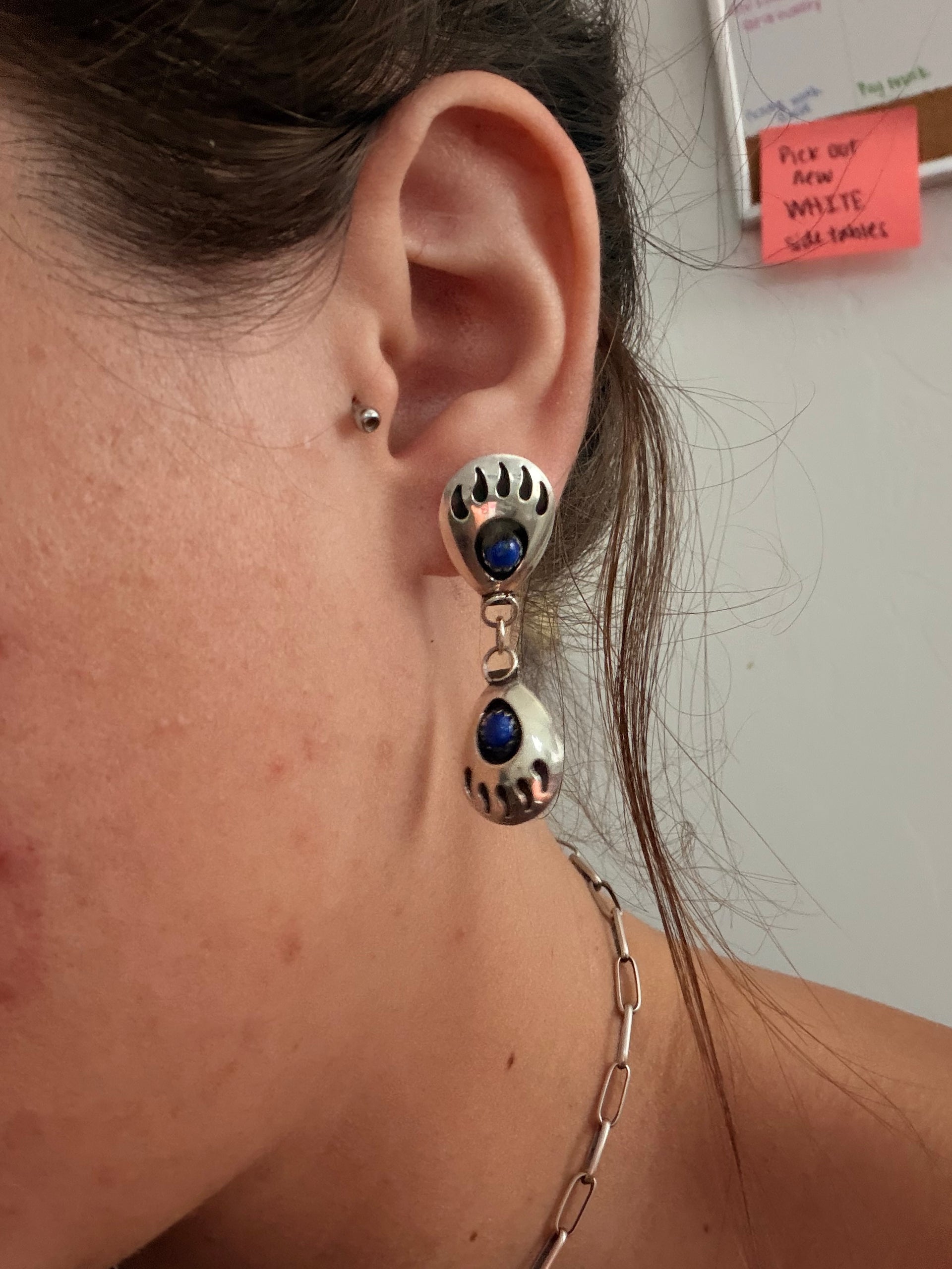 Navajo Made Lapis & Sterling Silver Post Dangle Bear Claw Earrings