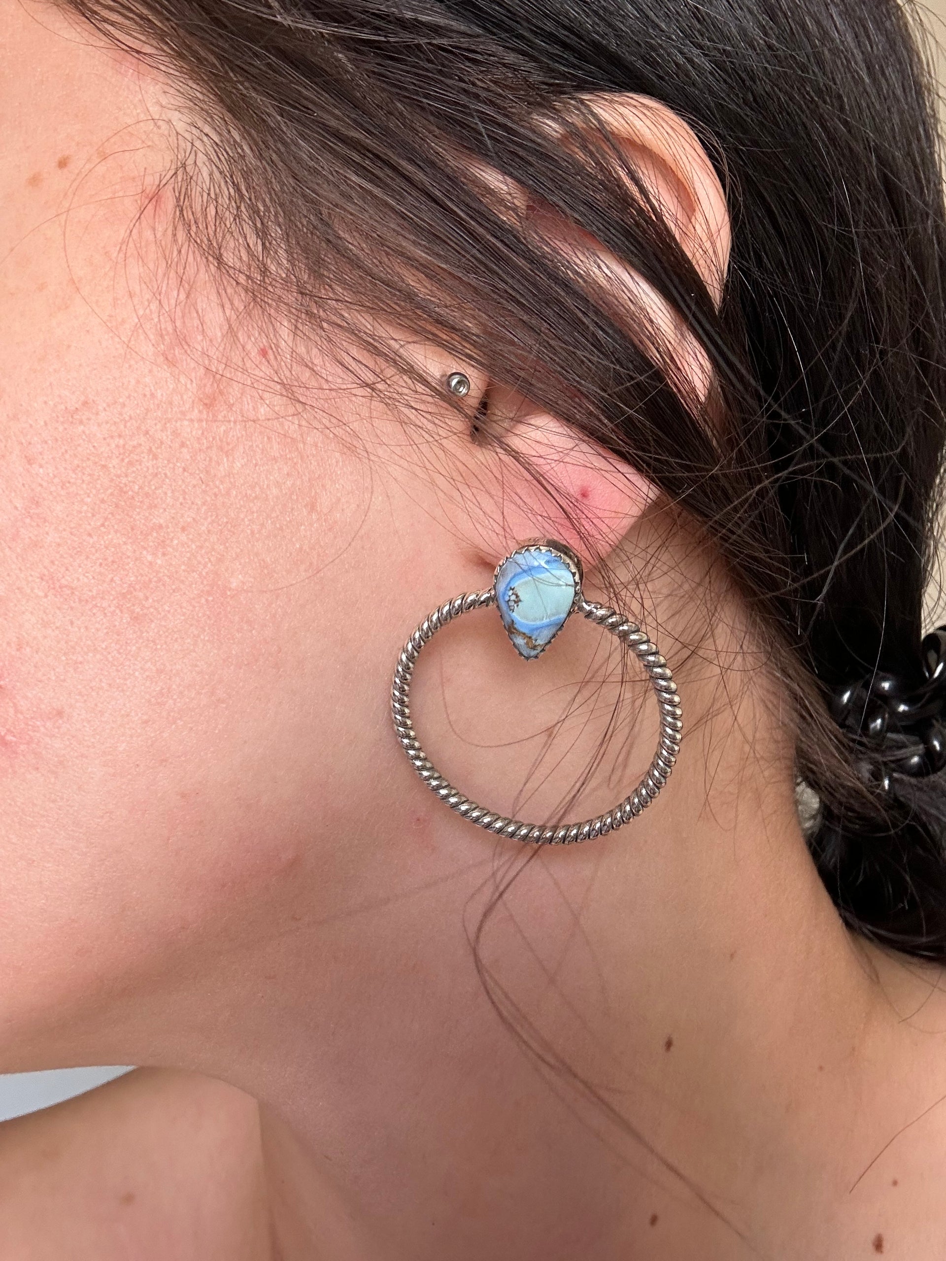 Southwest Handmade Golden Hills Turquoise & Sterling Silver Post Hoop Earrings
