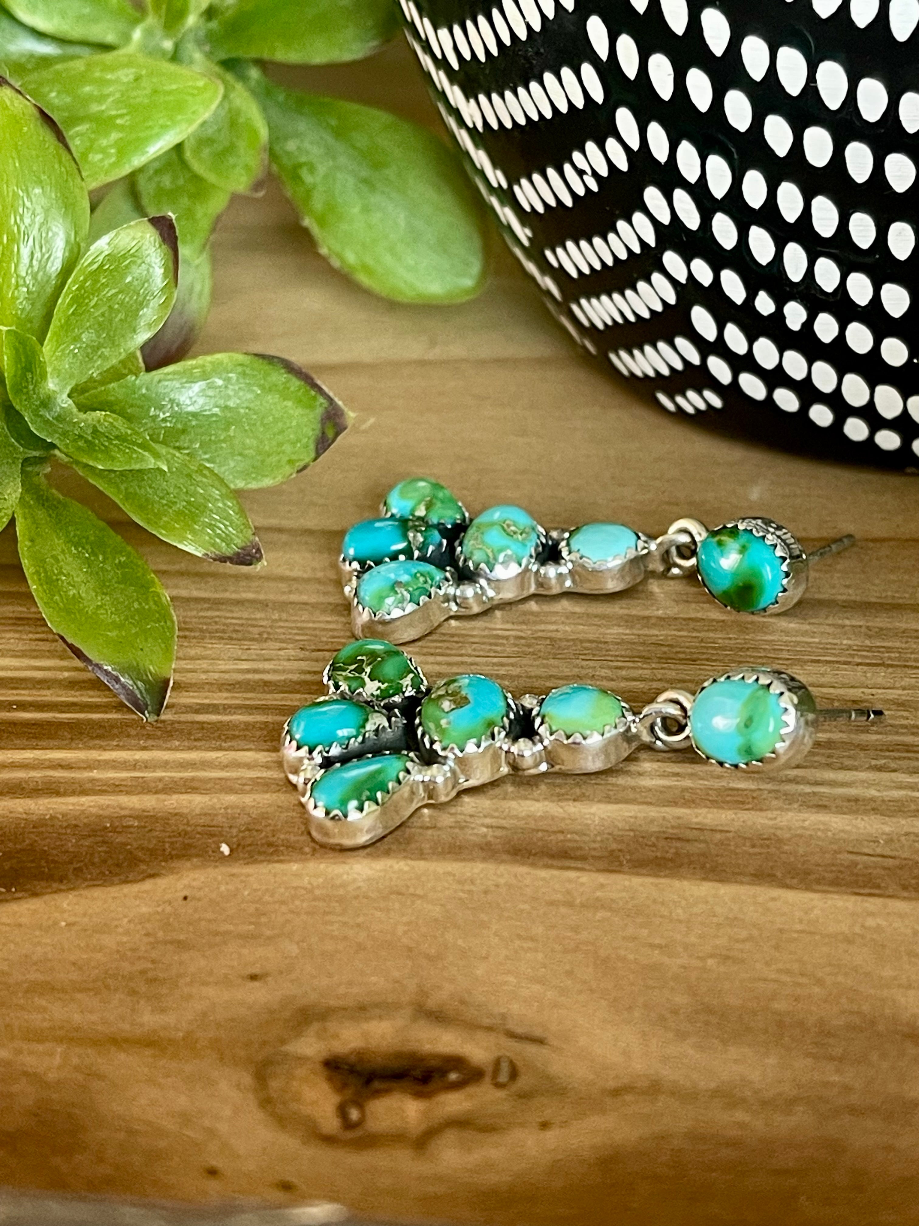 Southwest Handmade Sonoran Mountain Turquoise & Sterling Silver Post Cluster Dangle Earrings