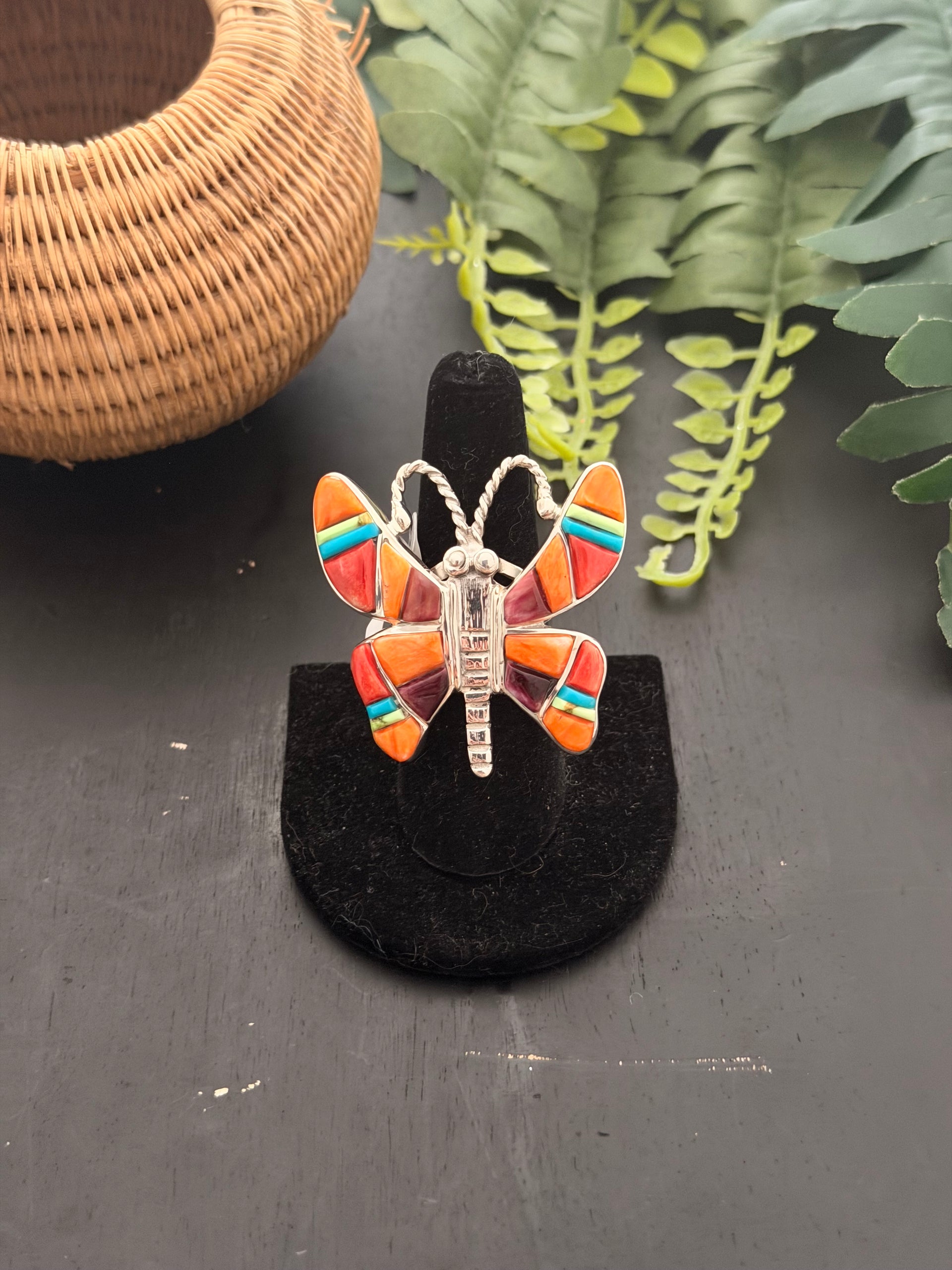 Navajo Made Multi Stone & Sterling Silver Cobblestone Butterfly Ring Size 8