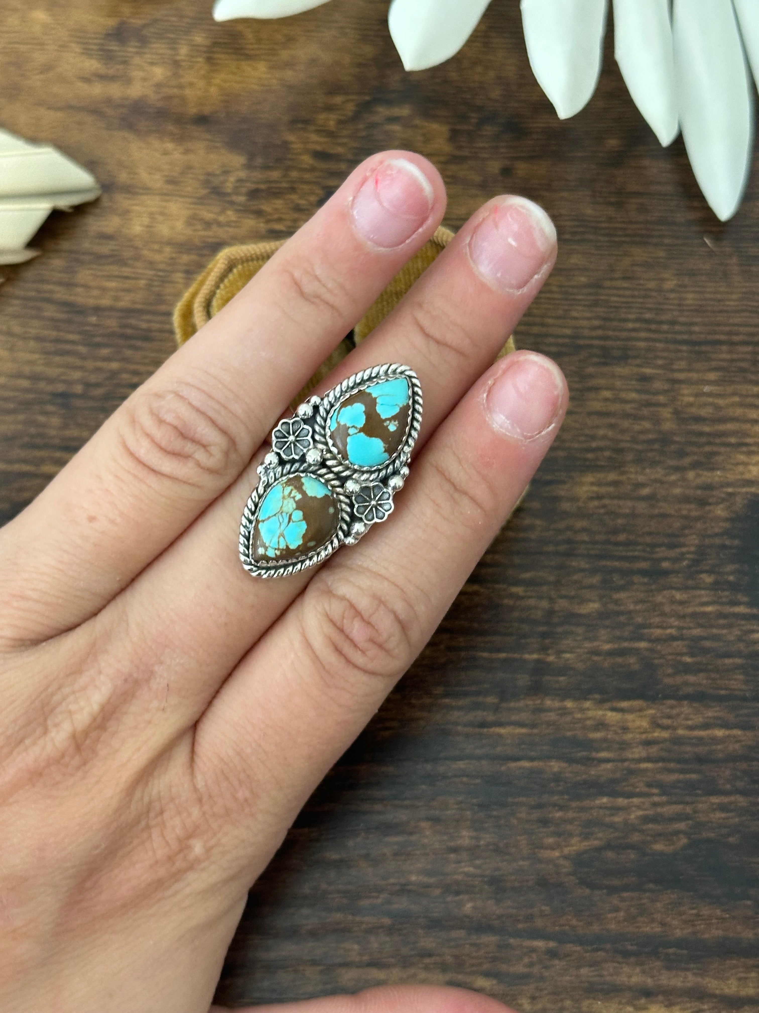 Southwest Handmade #8 Turquoise & Sterling Silver Adjustable Ring