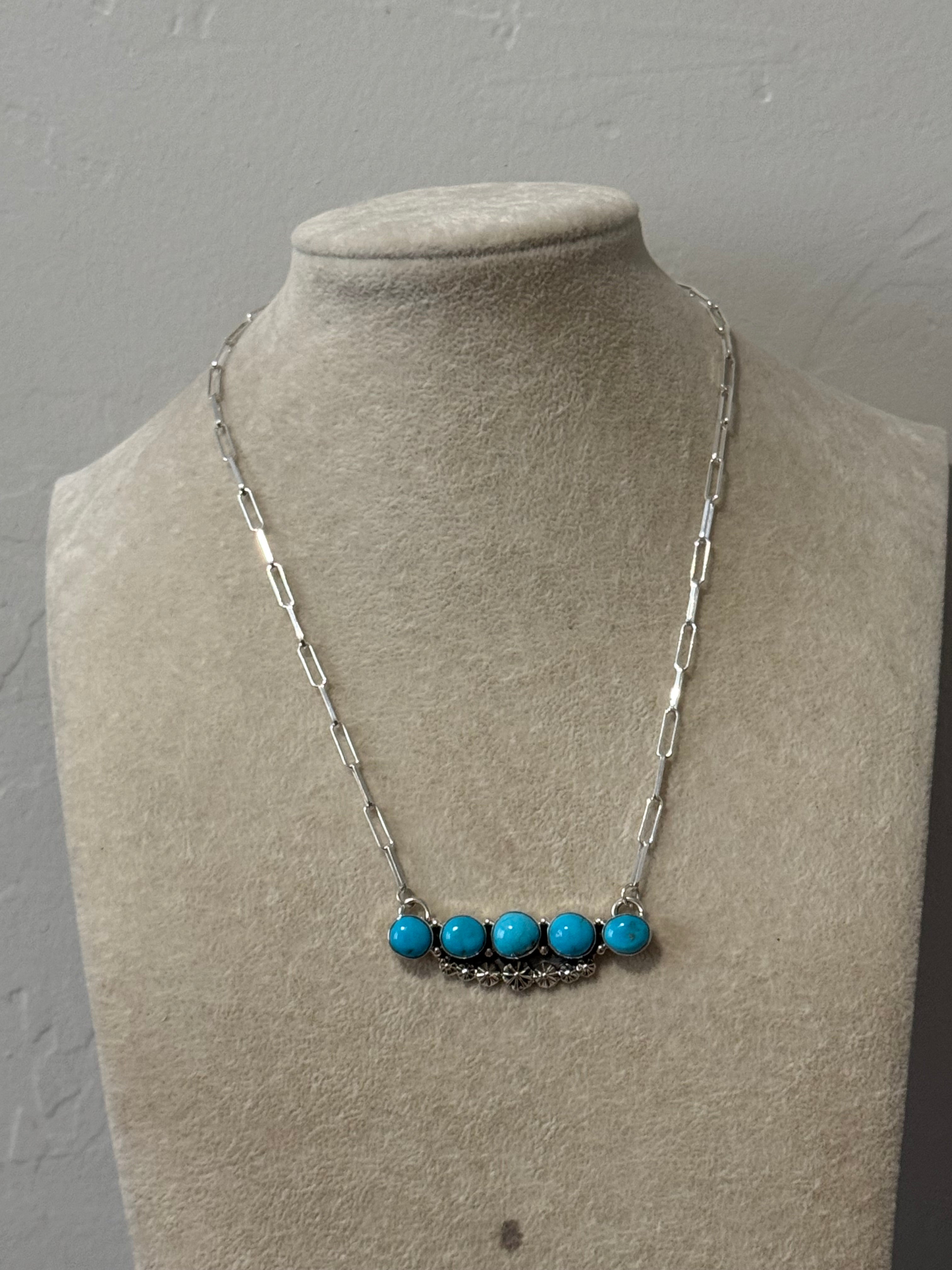 Southwest Handmade Kingman Turquoise & Sterling Silver Cluster Bar Necklace