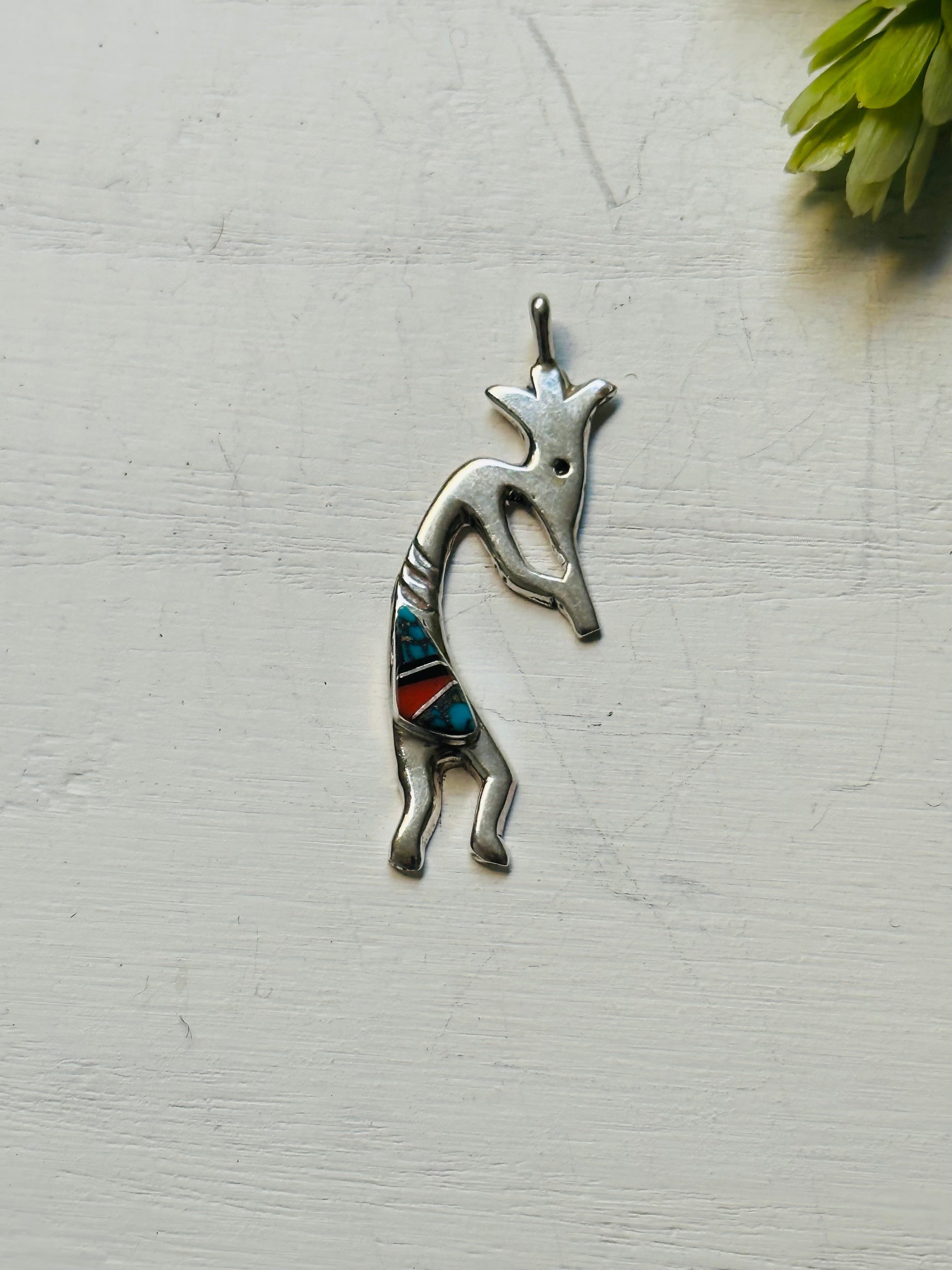 Joseph Martinez Multi Stone & Sterling Silver Inlay Kokopelli Pendant