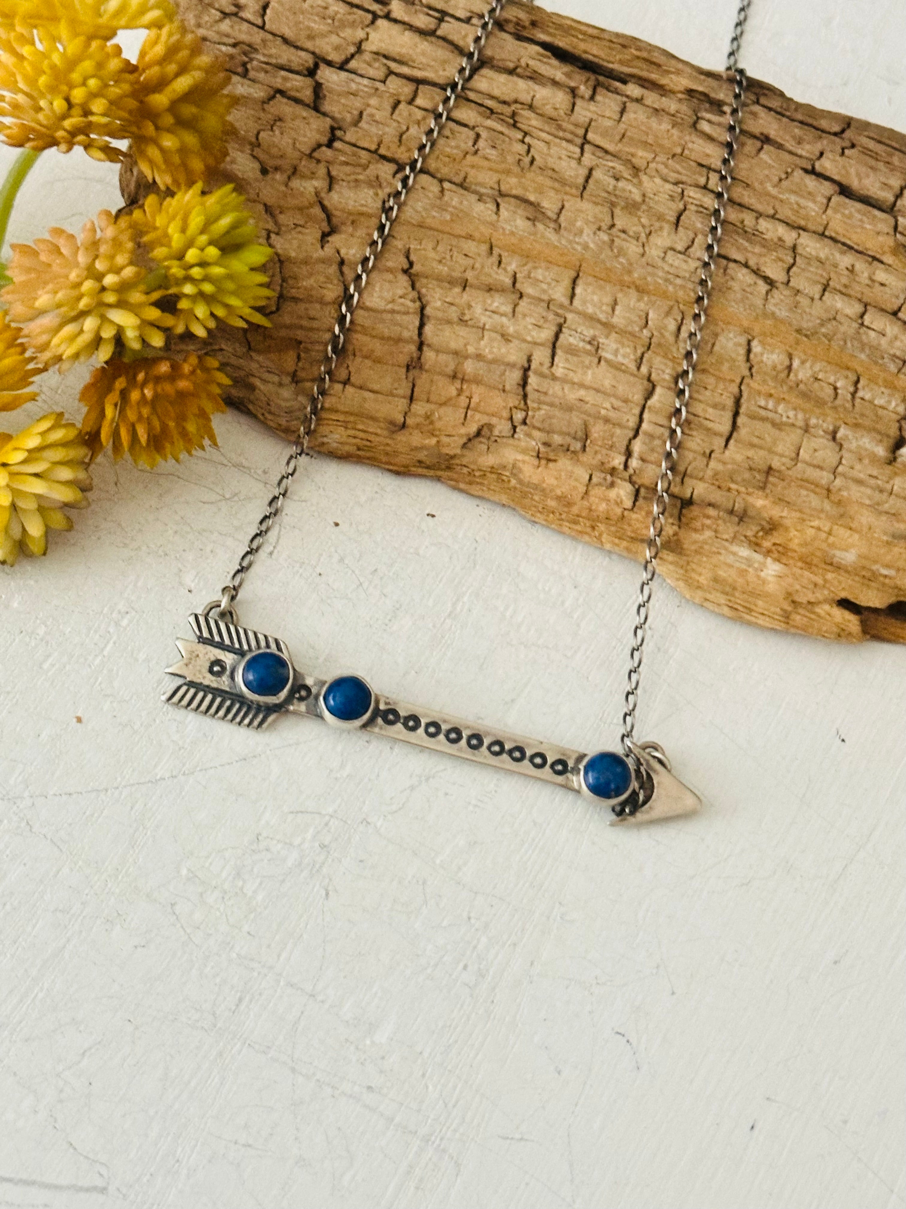 Navajo Made Lapis & Sterling Silver Arrow Necklace