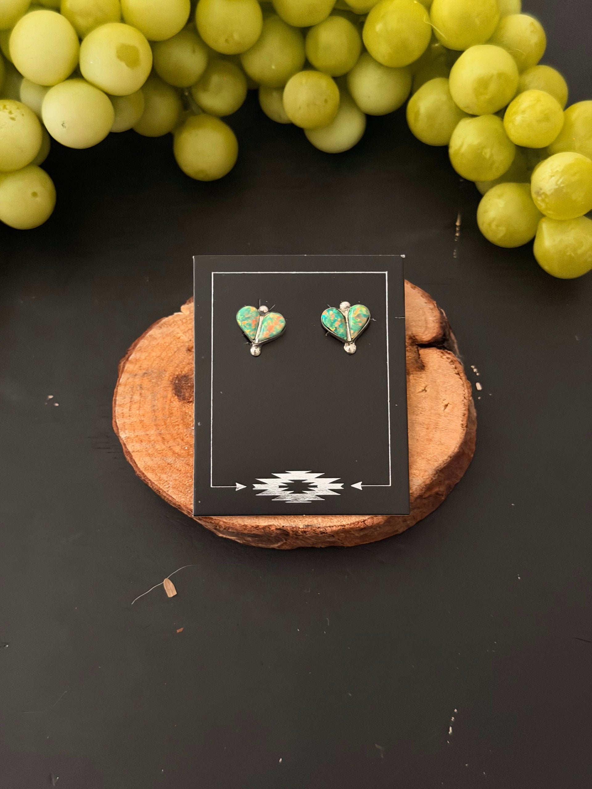 Zuni Made Opal (Man Made) & Sterling Silver Post Heart Earrings