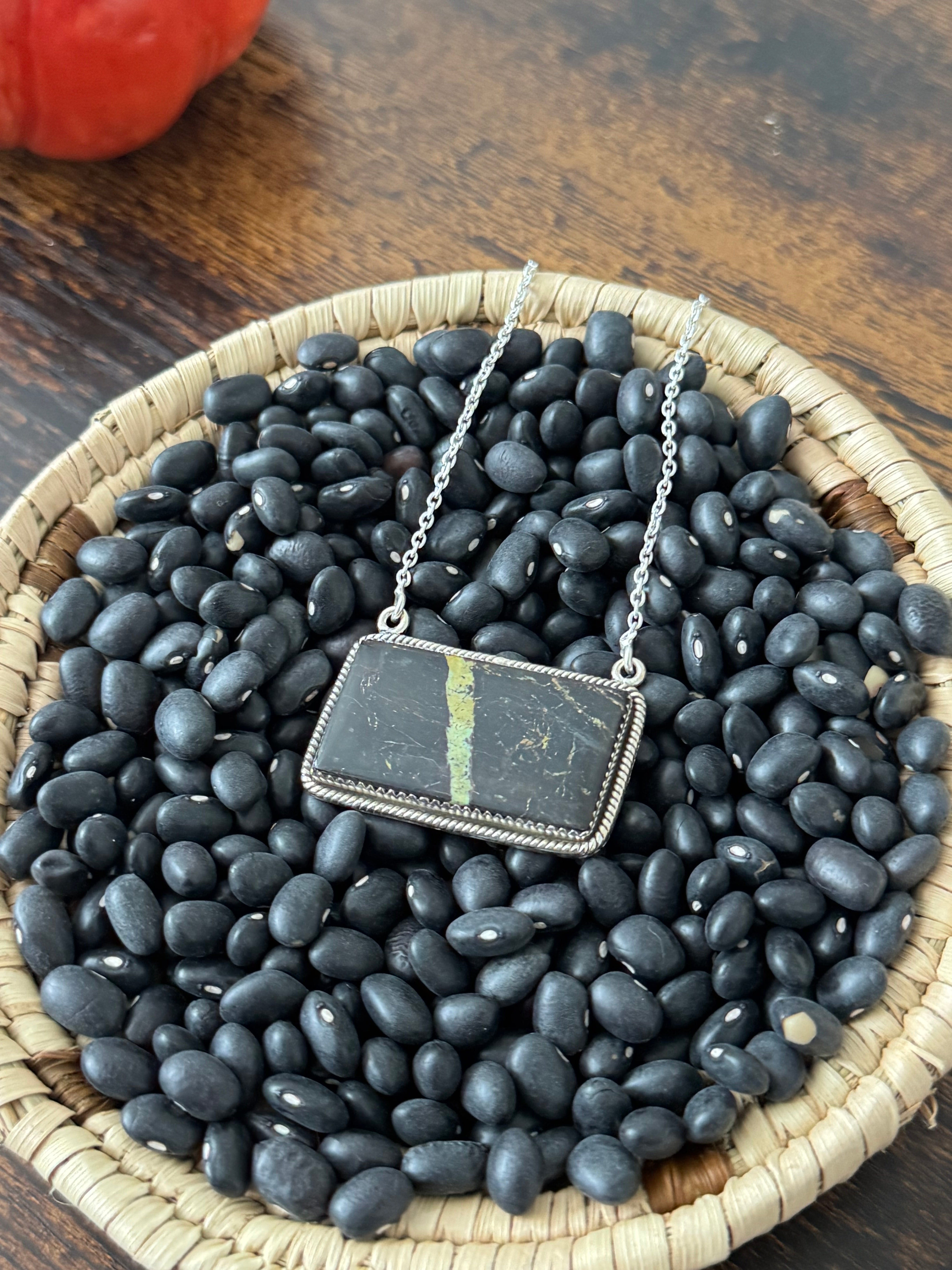 Southwest Handmade Black Jack Turquoise & Sterling Silver Bar Necklace