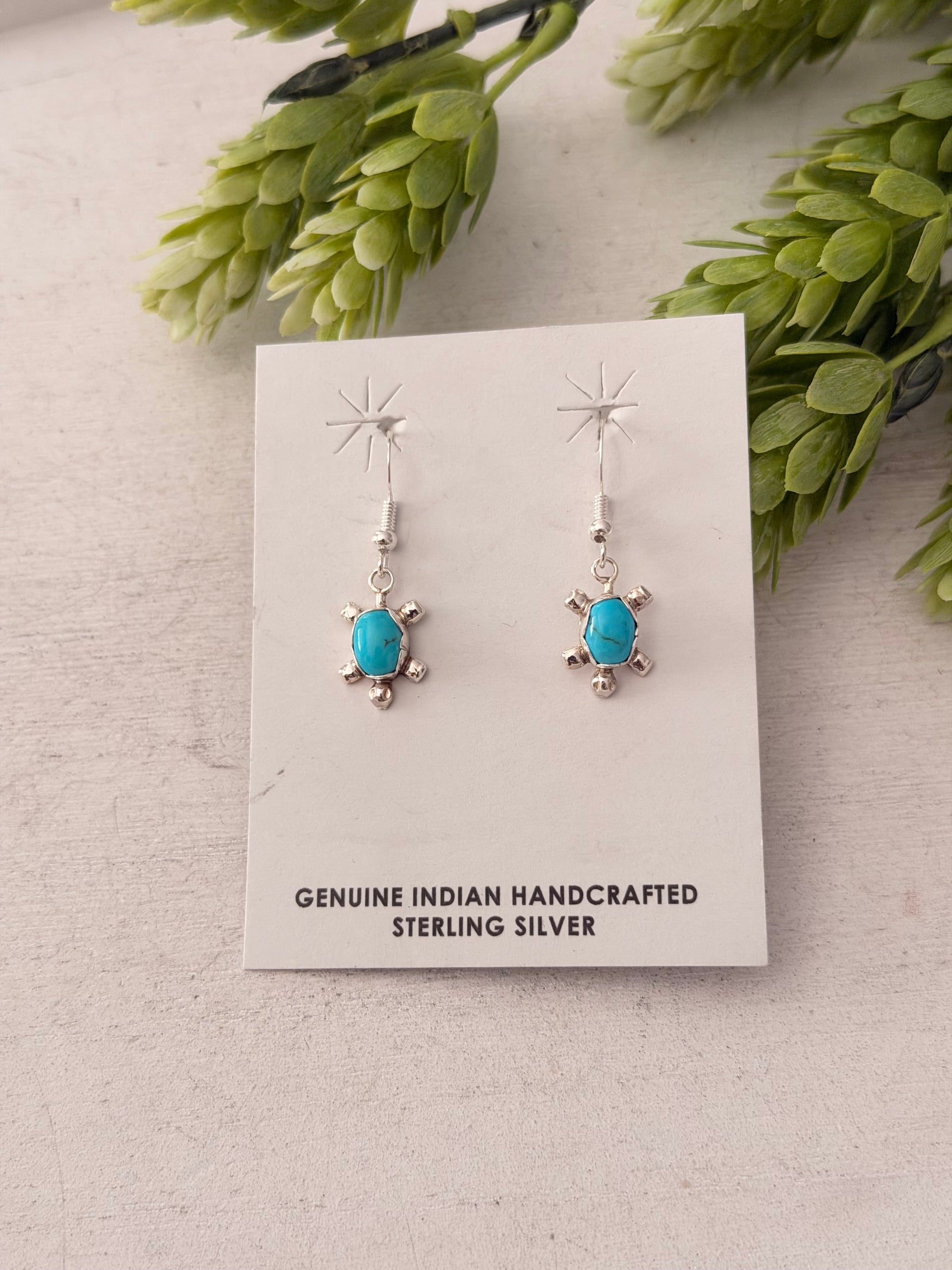 Navajo Made Kingman Turquoise & Sterling Silver Turtle Dangle Earrings