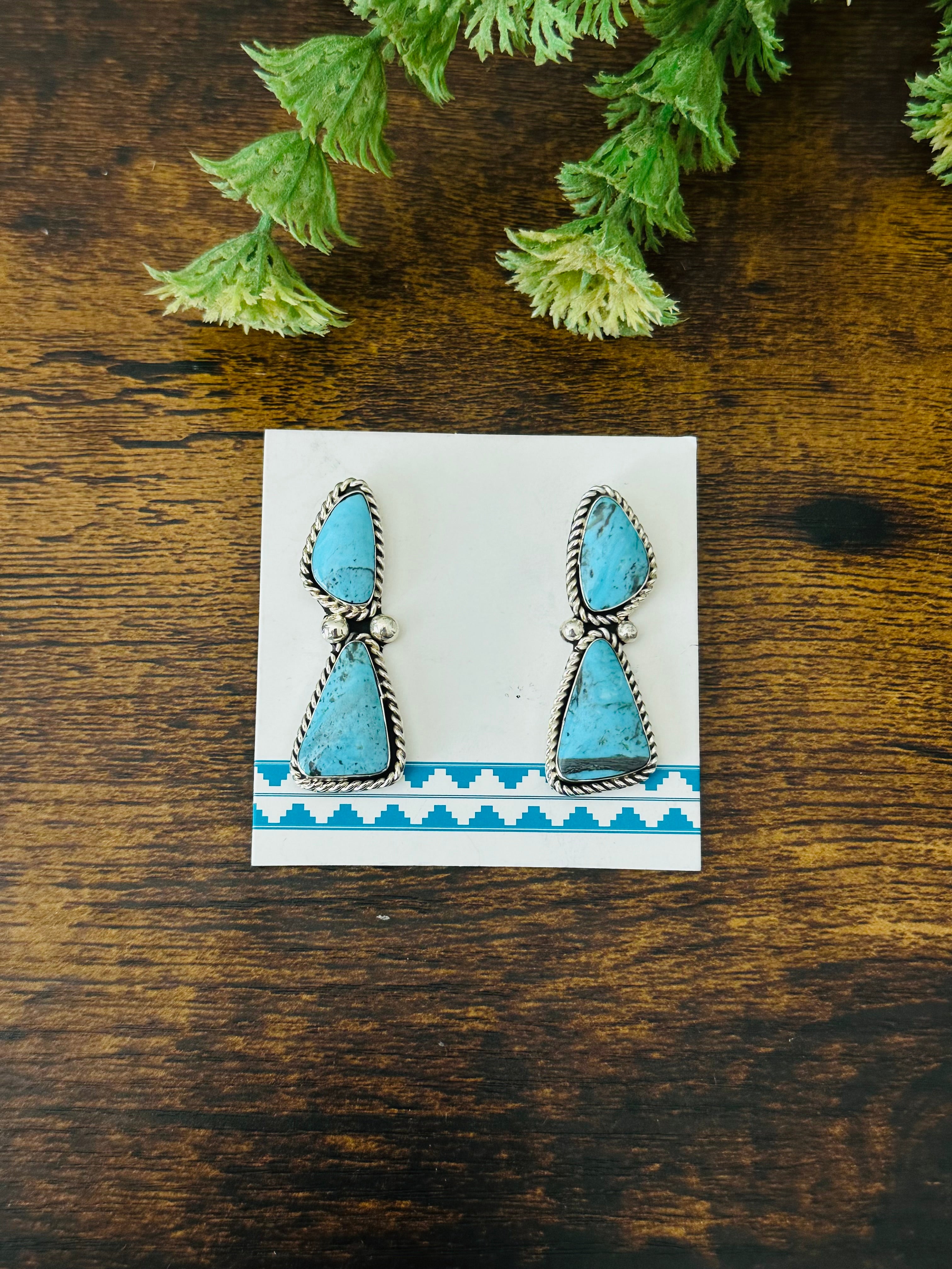 Navajo Handmade Kingman Turquoise & Sterling Silver Post Dangle Earrings