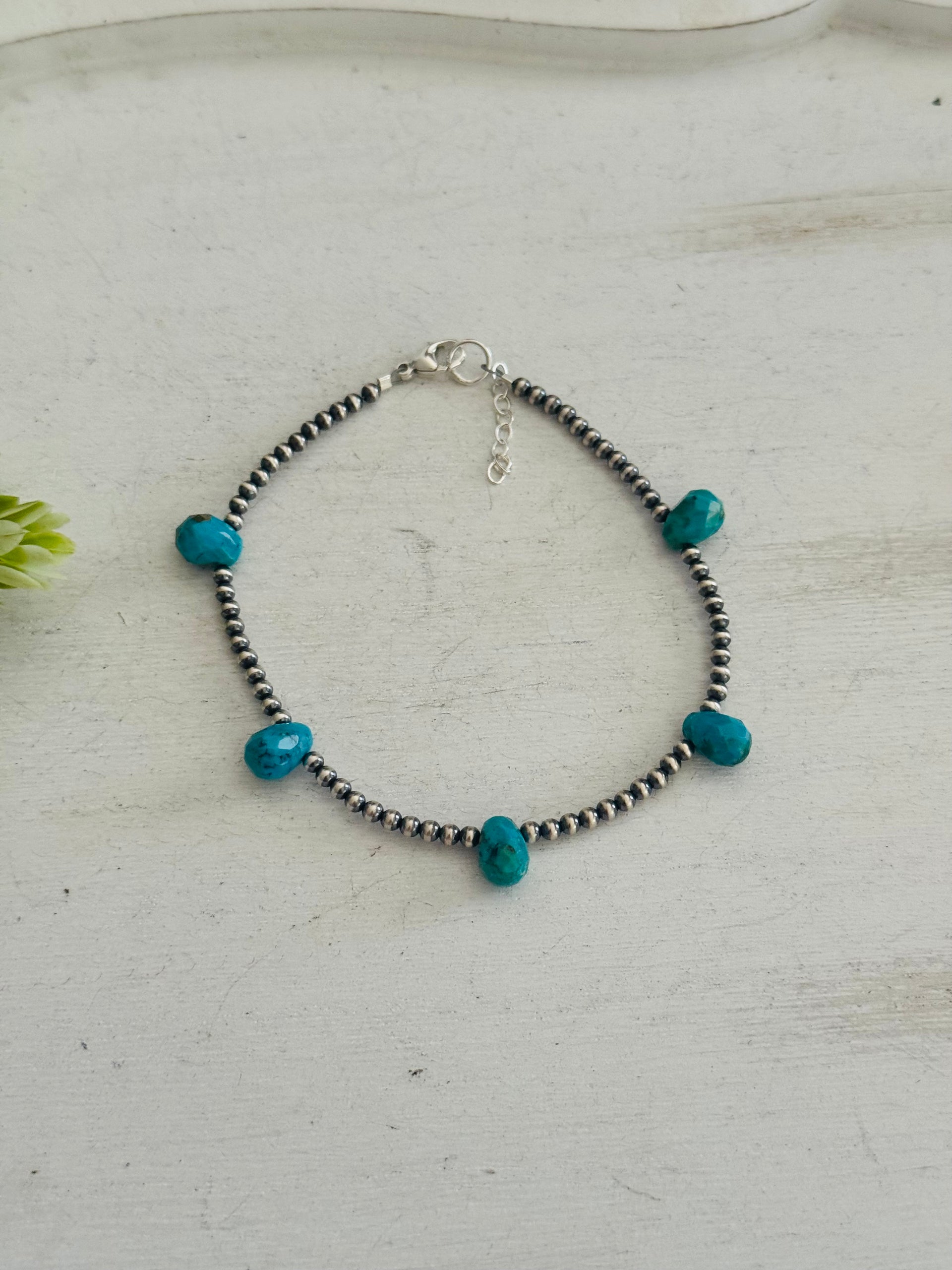 Southwest Strung Mohave Turquoise & Sterling Silver Beaded Anklet