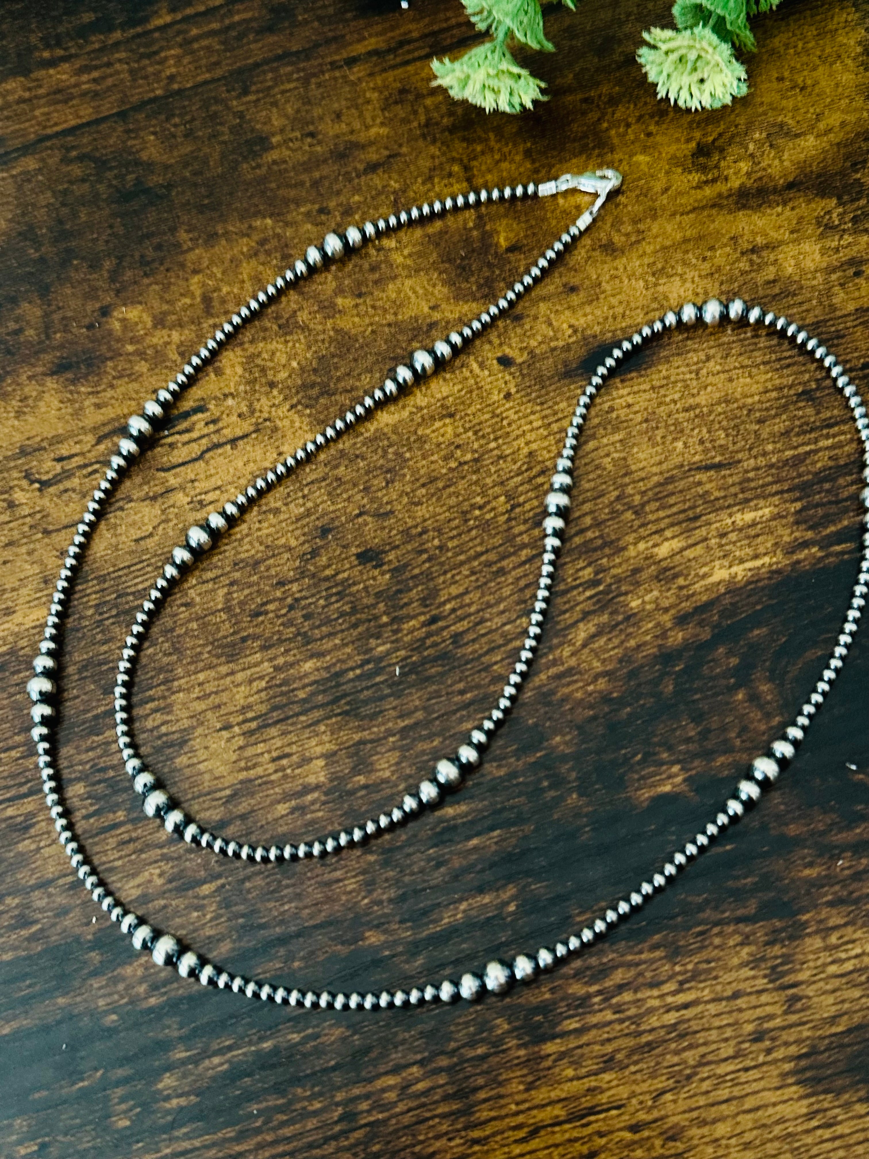 Navajo Strung Graduated Sterling Silver Pearls Beaded Necklace