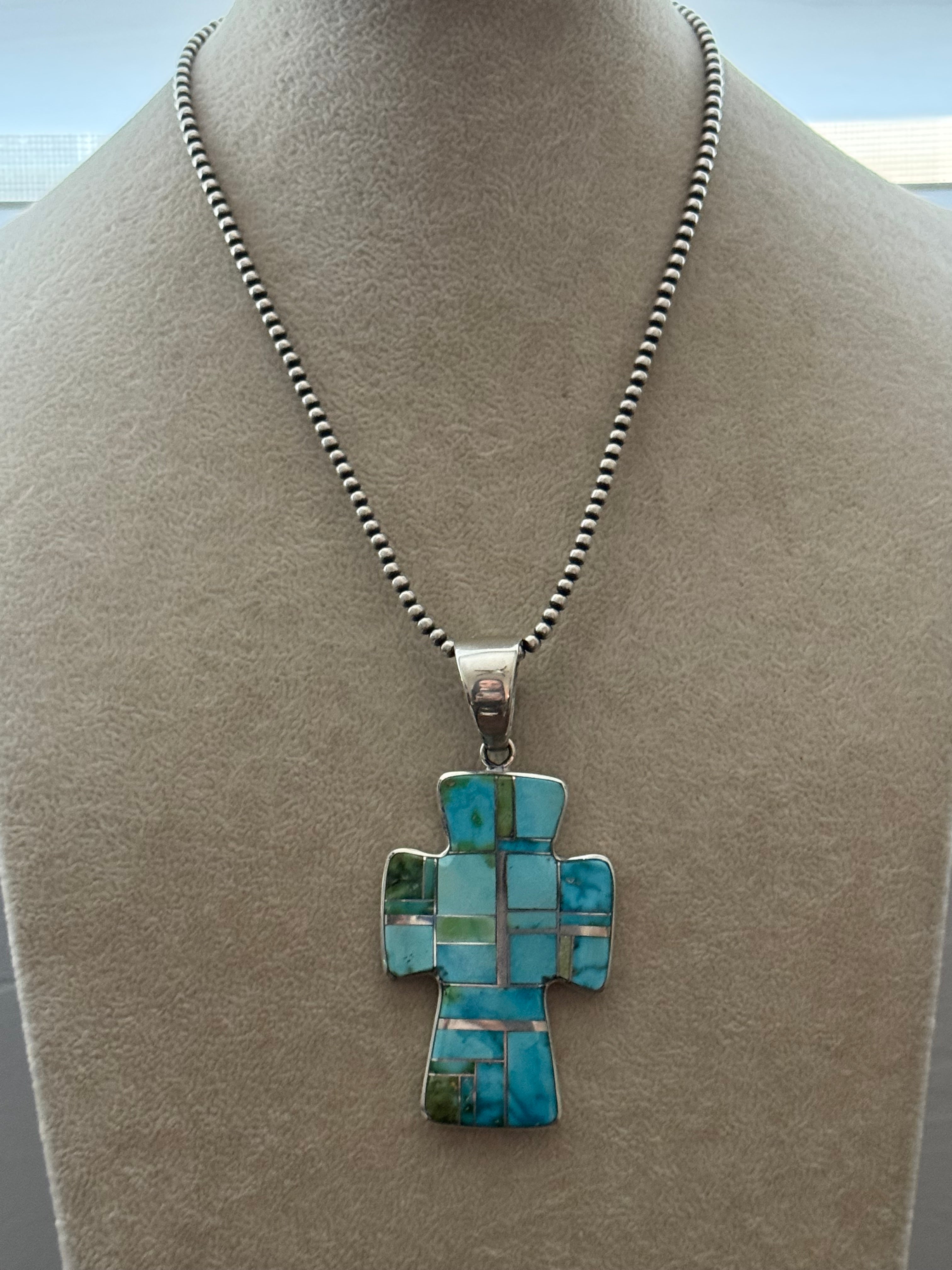 Navajo Made Multi Turquoise & Sterling Silver Cross Inlay Pendant