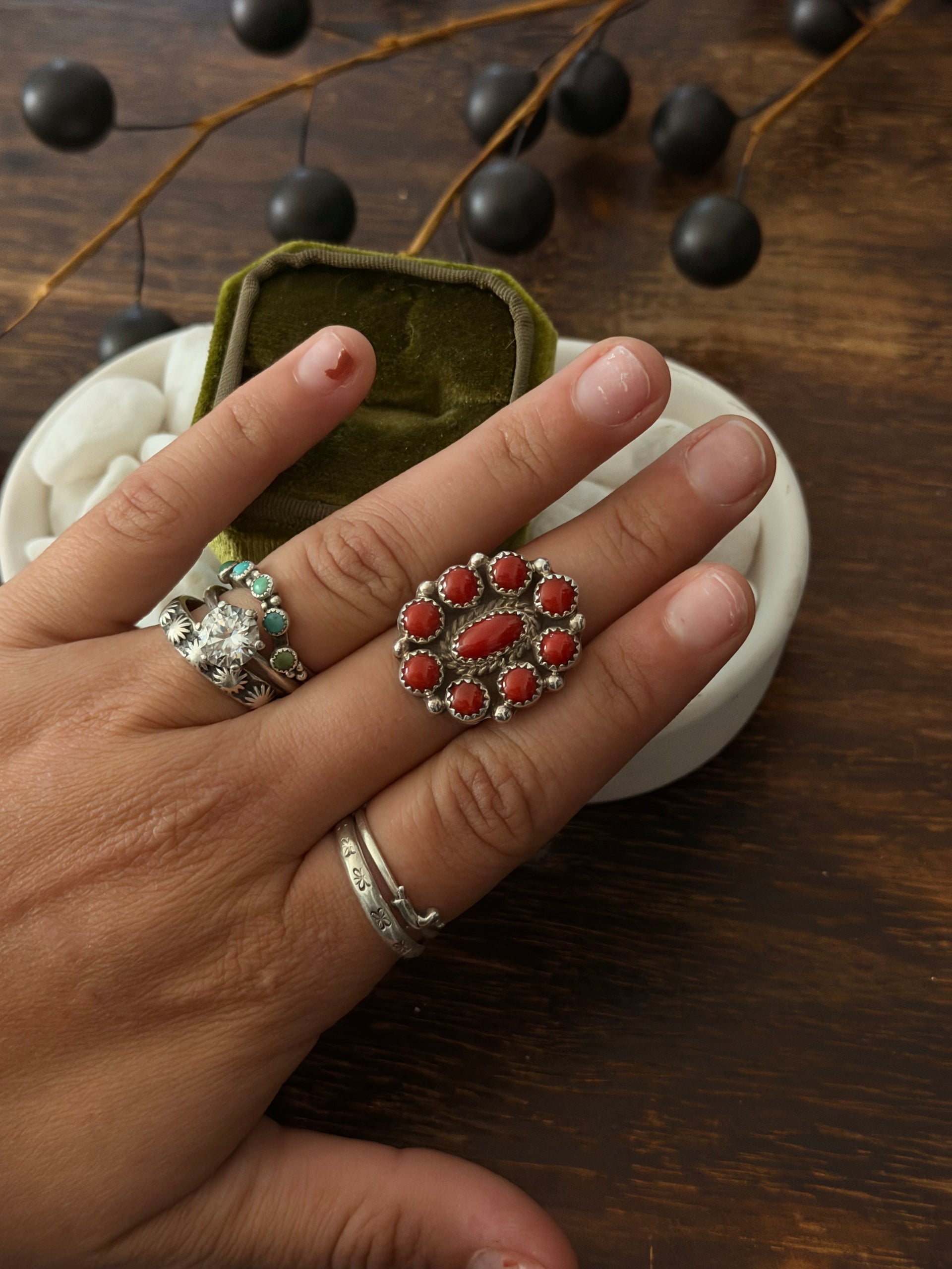 Navajo Made Red Coral & Sterling Silver Cluster Ring Size 7