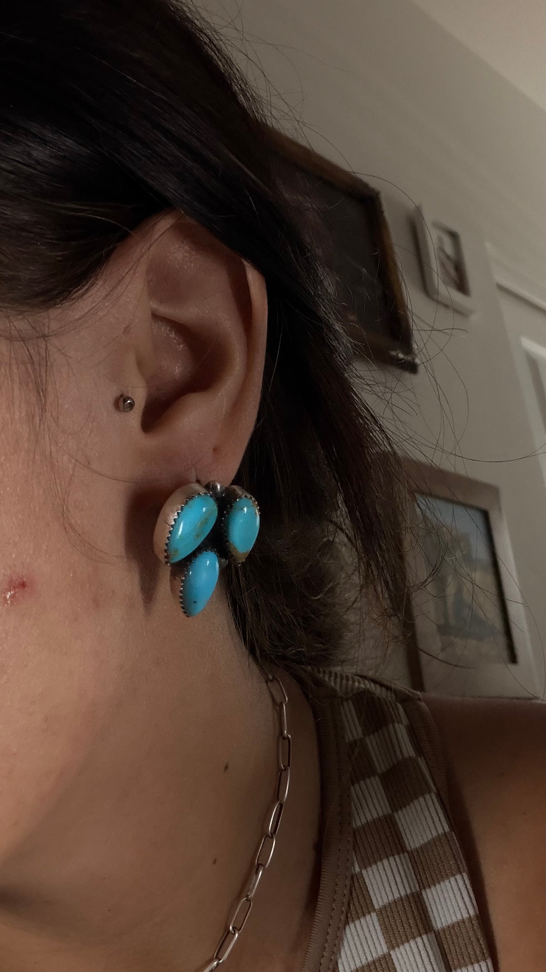Navajo Made Kingman Turquoise & Sterling Silver Post Dangle Cluster Earrings