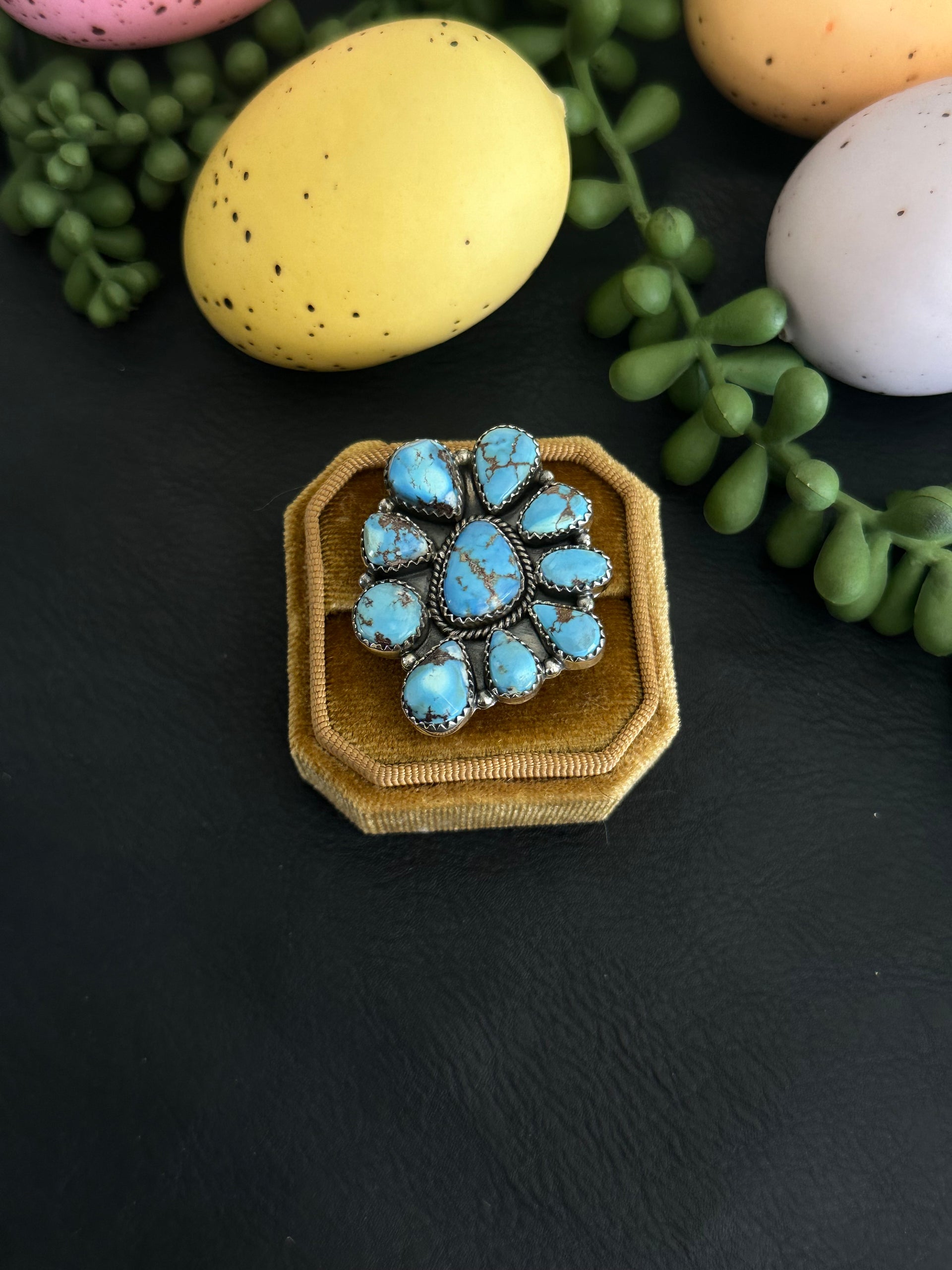 Southwest Handmade Golden Hills Turquoise & Sterling Silver Adjustable Cluster Ring