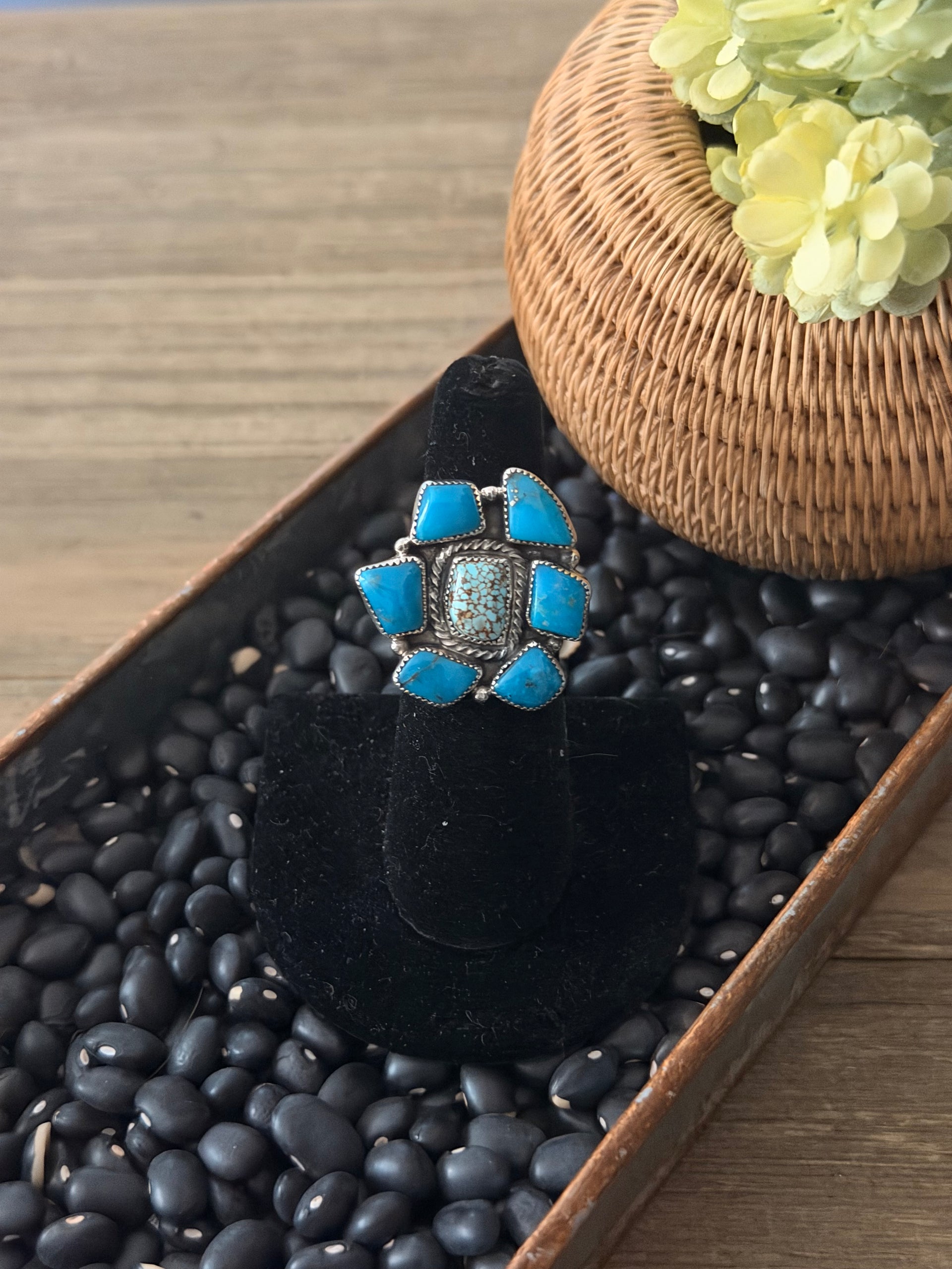 Navajo Made Mixed Turquoise & Sterling Silver Cluster Ring Size 5.75