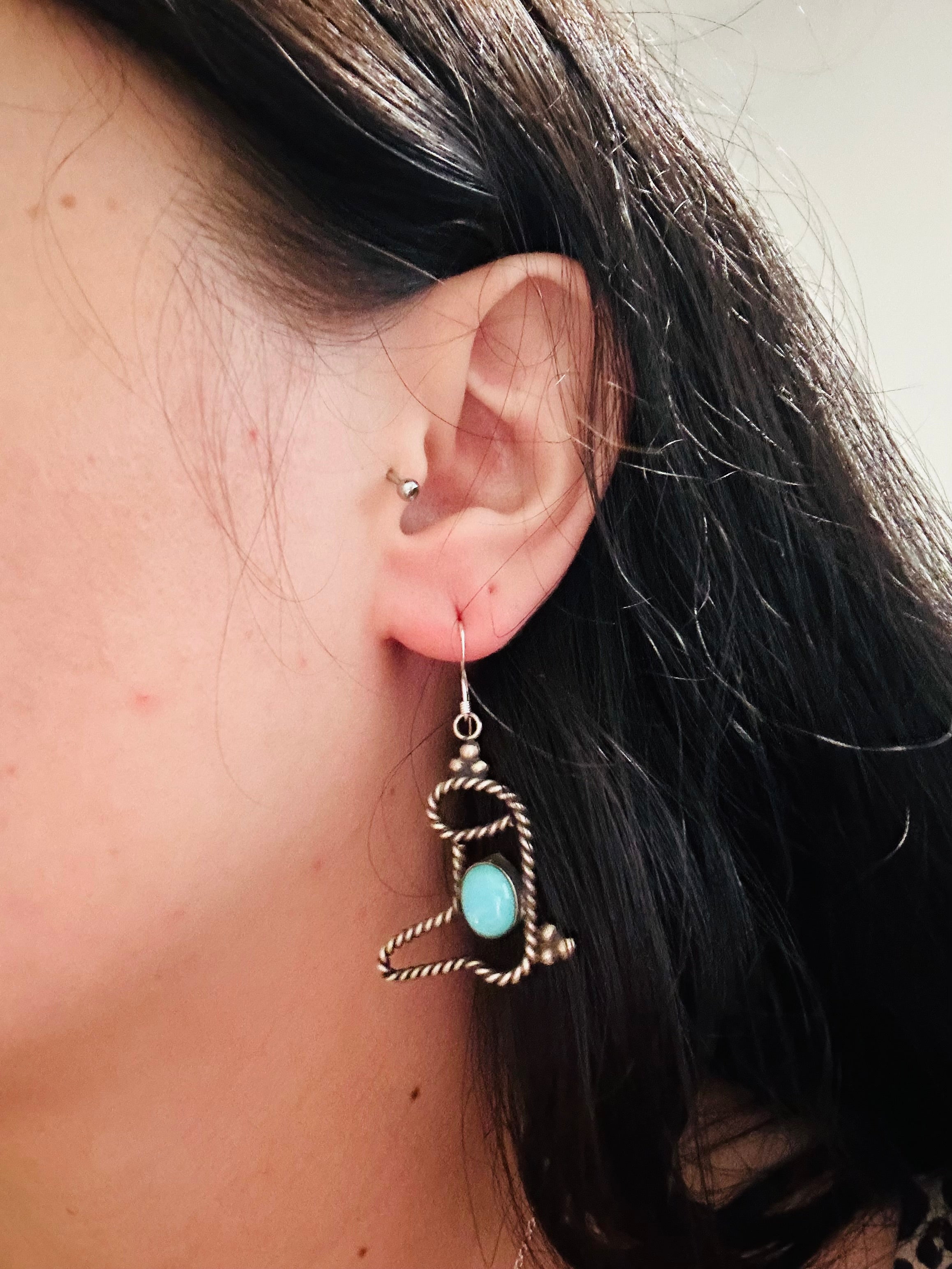 Navajo Made Kingman Turquoise & Sterling Silver Boot Dangle Earrings