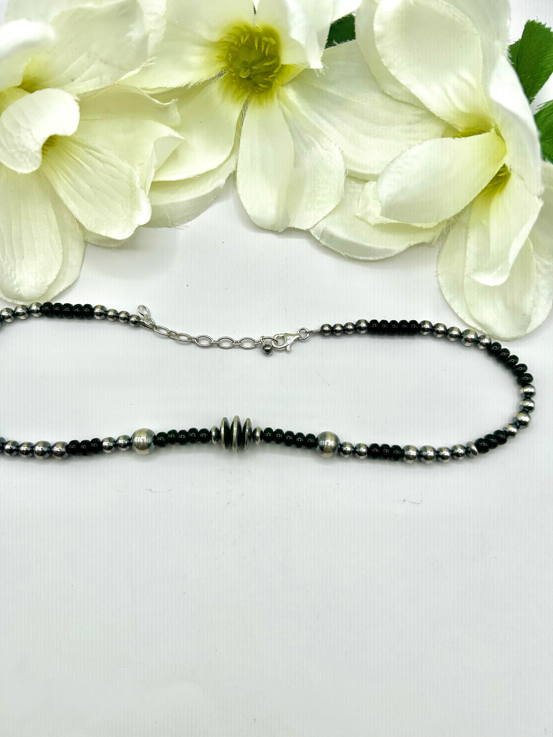 Navajo Made Strung Onyx & Sterling Silver Necklace
