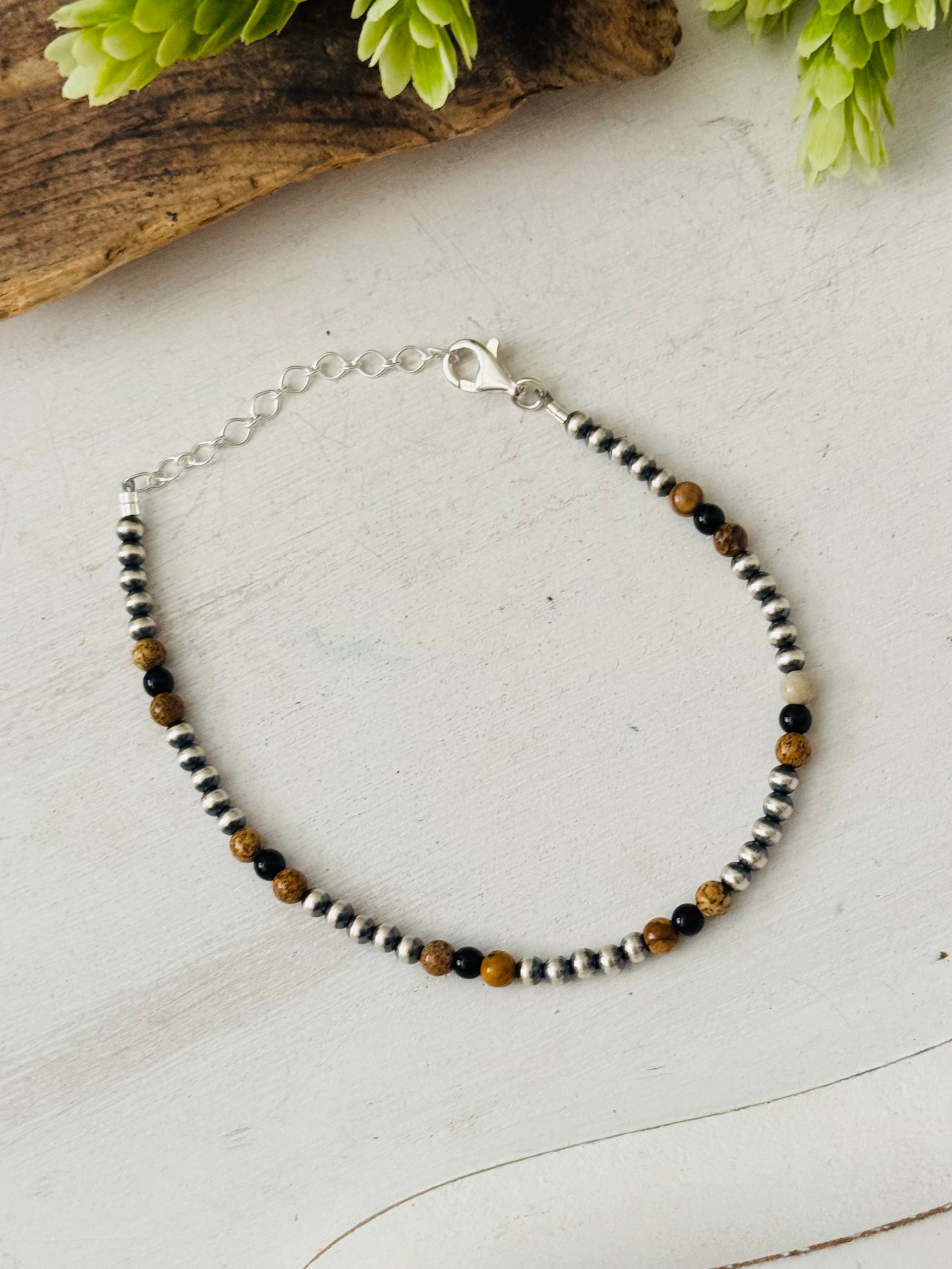 Navajo Made Multi Stone & Sterling Silver Strung Anklet