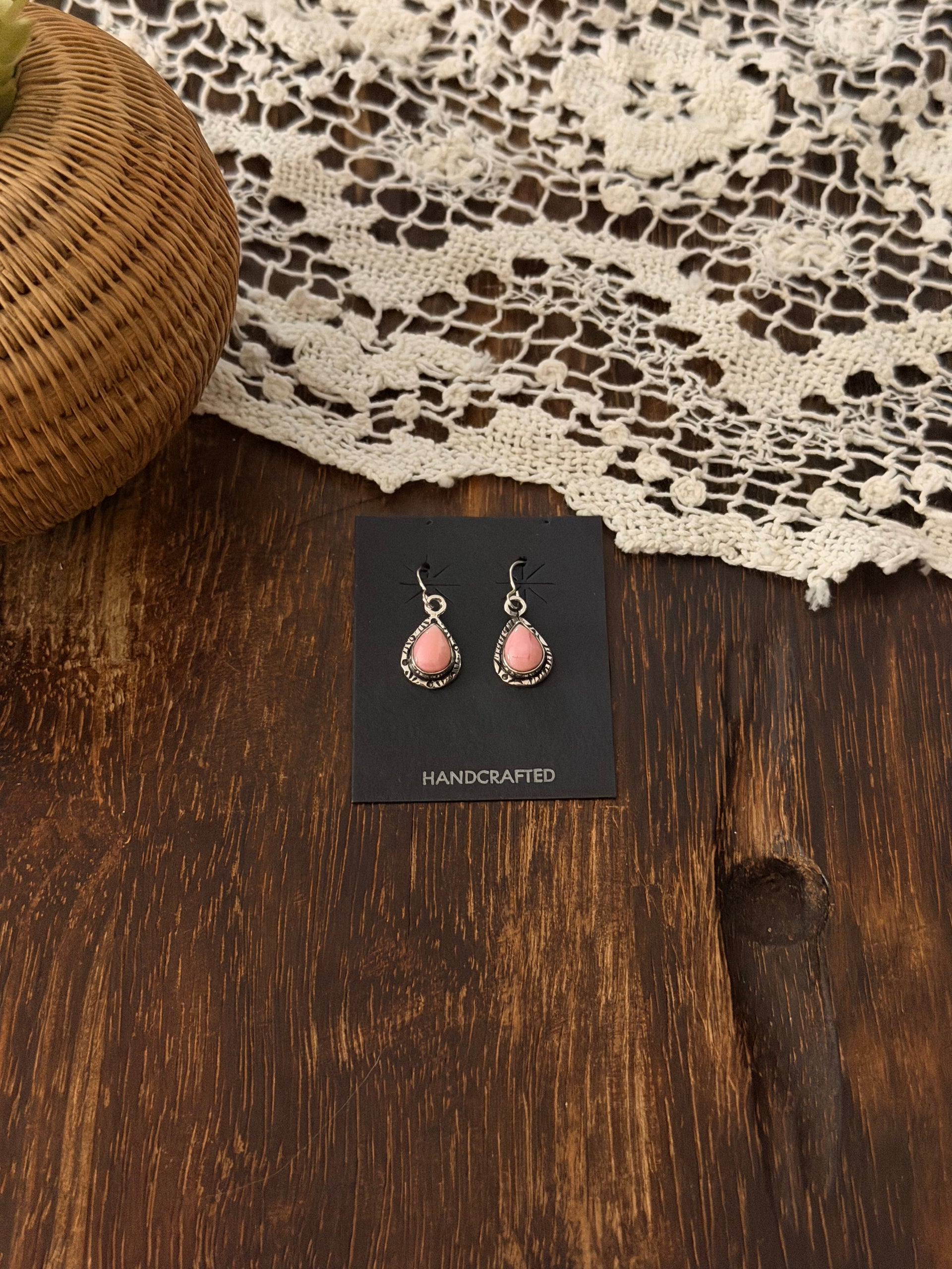 Navajo Handmade Pink Conch & Sterling Silver Dangle Earrings