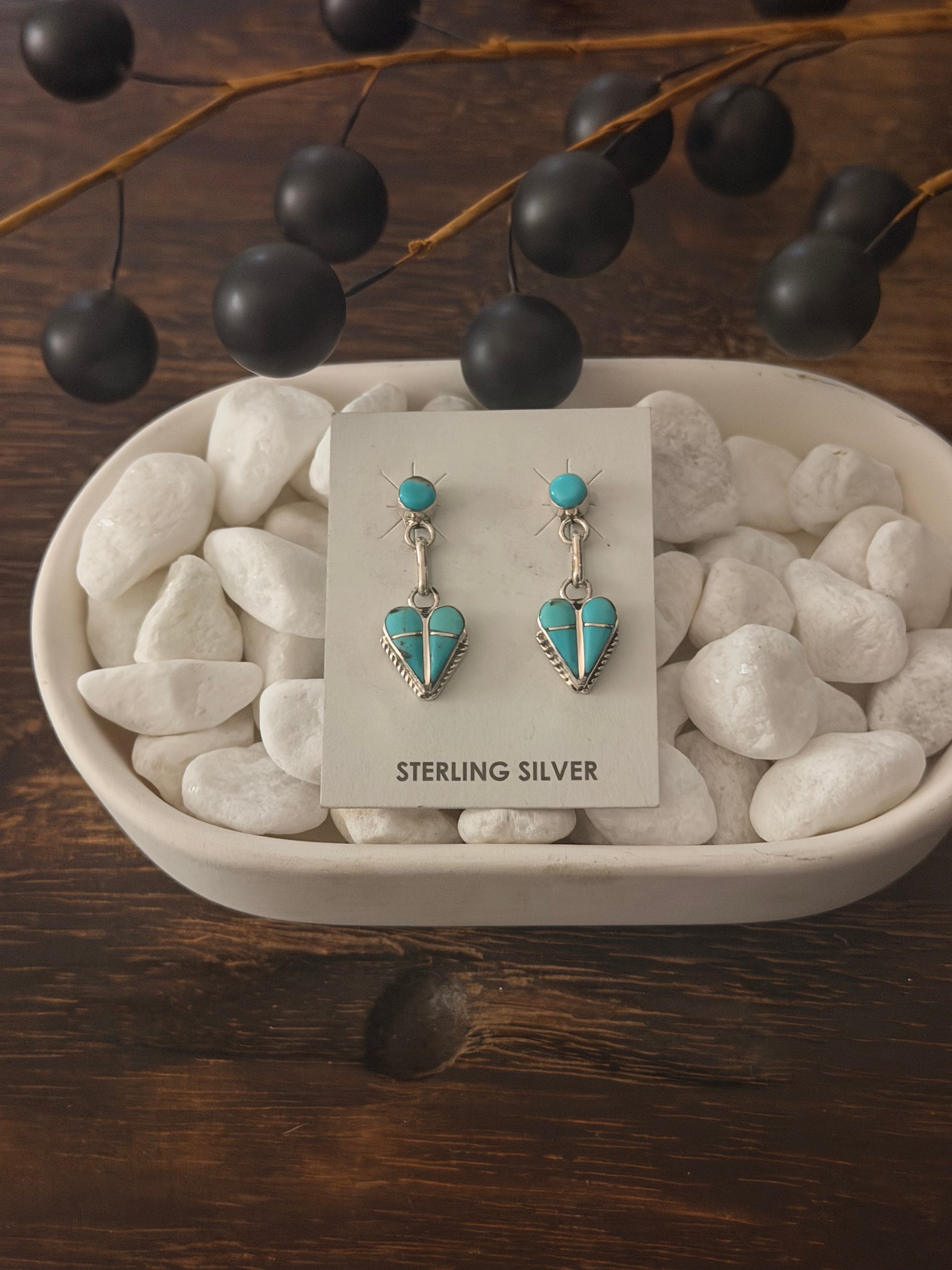 Velda Nastacio Kingman Turquoise & Sterling Silver Inlay Heart Post Dangle Earrings