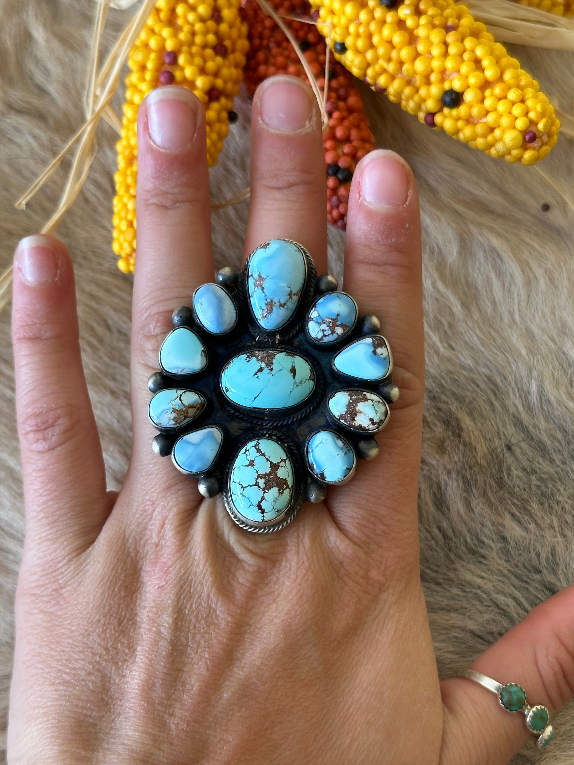 Bobby Johnson Golden Hills Turquoise& Sterling Silver Ring Size 8