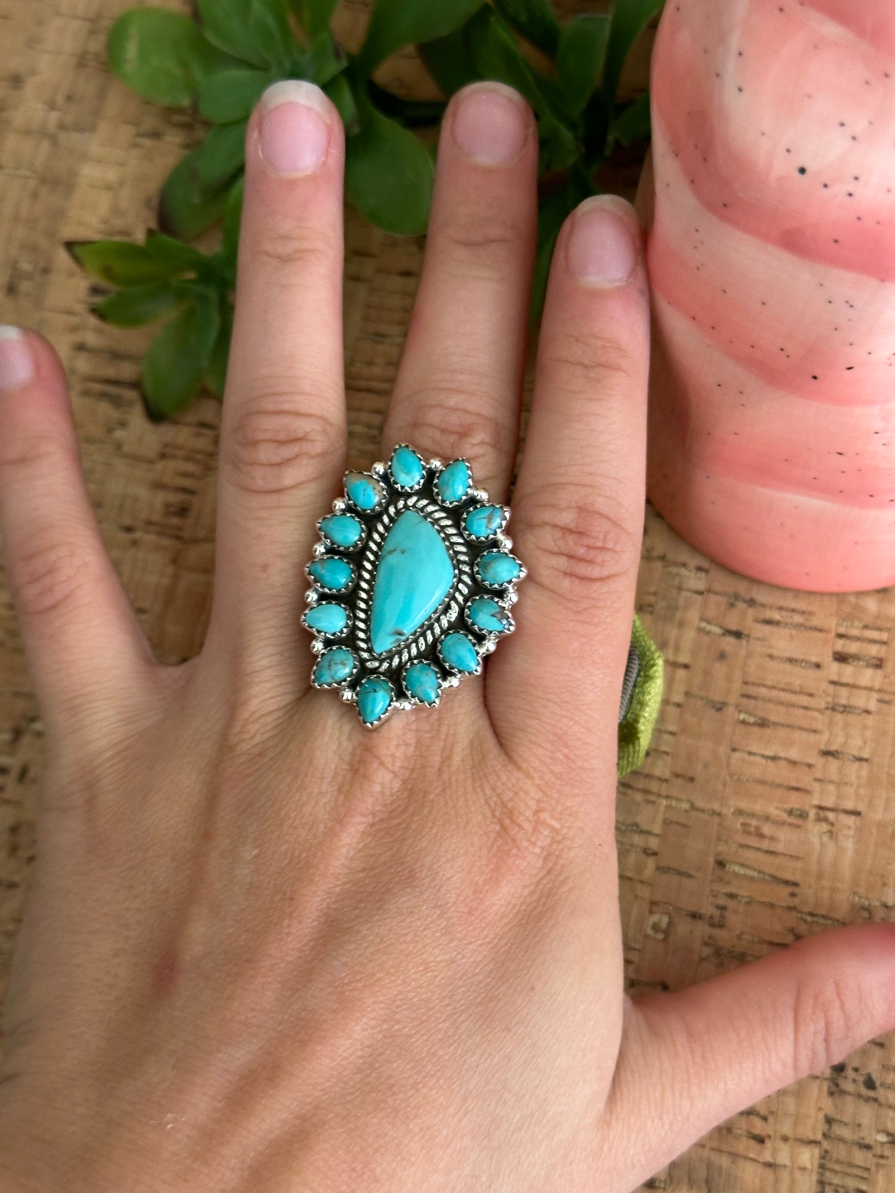 Southwest Handmade Kingman Turquoise & Sterling Silver Adjustable Cluster Ring